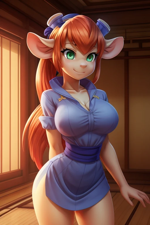 Gadget hackwrench, red hair, green eyes, ponytail, yellow ribbon in hair, indigo colored sailor shirt, yellow ribbon around neck, lime skirt with blue-grey hem, busty, small waist, thighs, in a dojo