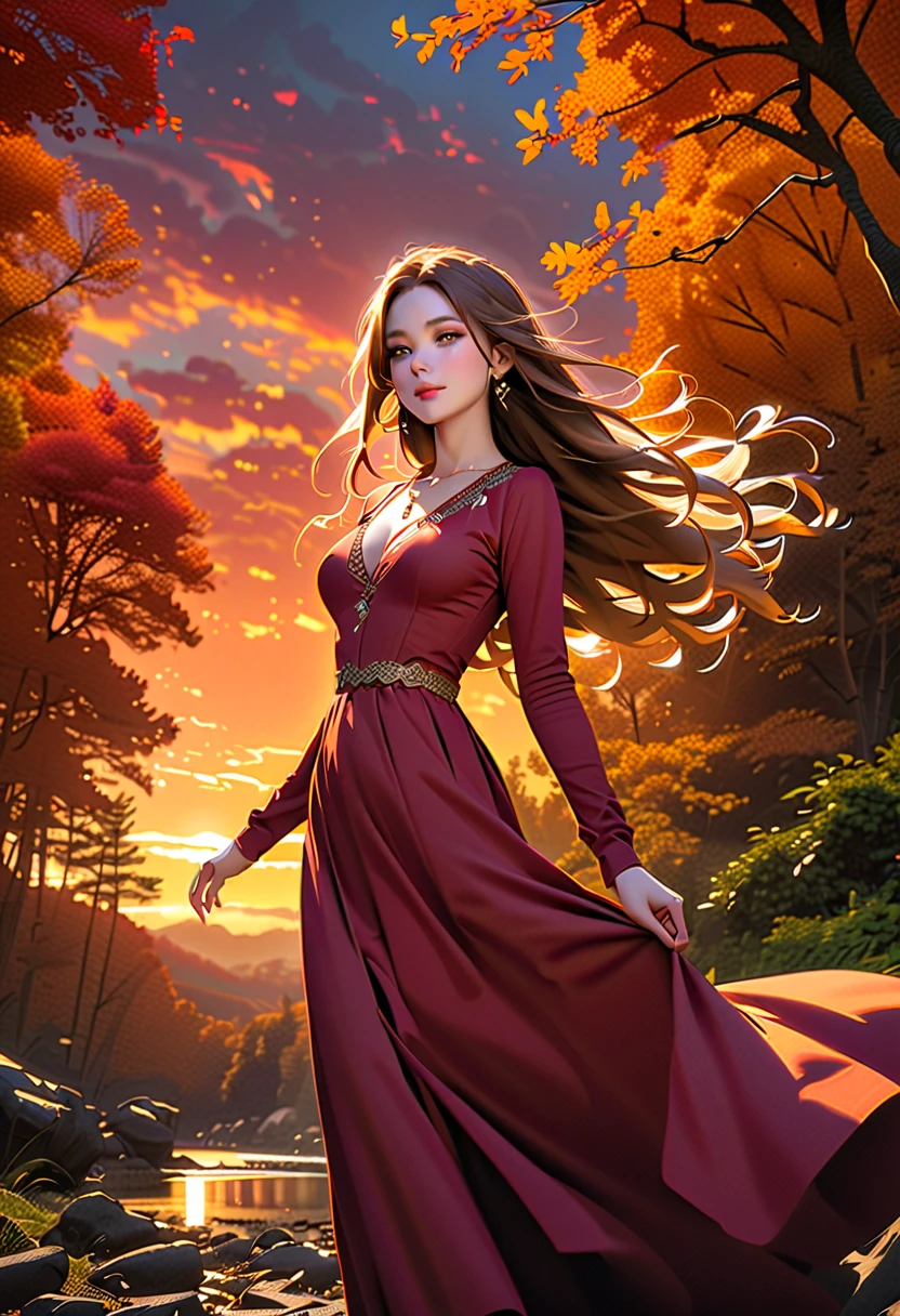 { masterpiece , unity 8k,  top quality),  one of the most beautiful women, Light chestnut long hair, { flowing hair }, A beautiful and gentle expression ,  beautiful brown eyes, Beautiful pink lips, Mid-chest,  Anatomically accurate and beautiful figure , Accurate hand drawing,  earrings,  Necklaces ,  Thin silk v-neck long sleeve shirt , Flowing long skirt,  dynamic poses ,  dynamic angle,  keep staring at me ,  movie lights,  Detailed Background , Trees with autumn leaves , Evening sky, (Orange red sky,  The beauty of clouds shining in the sunset ),  detailed illustration art including background, 