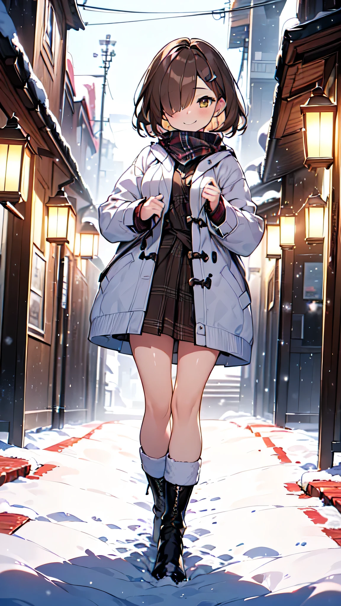 1 girl、((( short brown hair 、 Beautiful brown hair、hair over one eye、Diagonal bangs、 Light Brown Eyes 、 small breasts、 butt is small 、Teasing Smile)))、 slightly chubby、
Watercolor、 top quality、 super high resolution、8k、 show anime style 、 Softline Art 、Digital Enhancement、Flowing fabric、Soft Drawing、 Ultra High Definition Digital Animation Art 、Vivid expression、 Super Detailed Girl Cartoon Character Art 、 top qualityの色、
((( Panoramic View:1.3、 girl walking through winter city illuminations:1.3)))、(white duffle coat 、Light blue sweater、 tartan check skirt、Brown snow boots、 Frontal View 、Tiny Toe Angle )