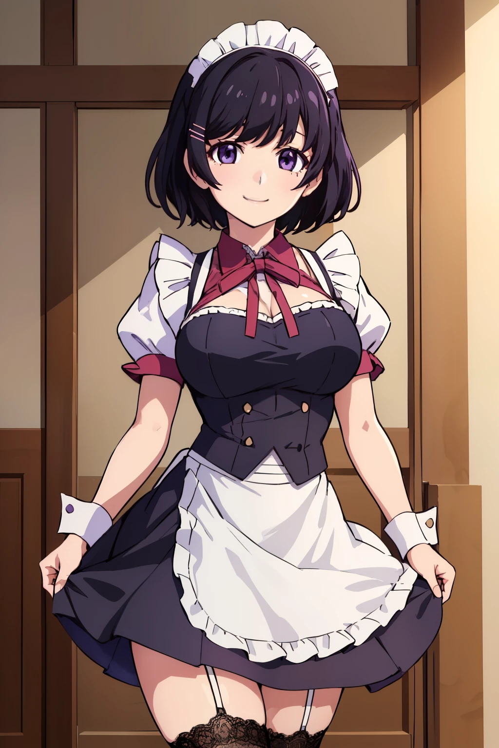 (masterpiece), (Highest quality), (High resolution), (detailed),(Hanekawa) One girl, Purple eyes, Black Hair, hort hair, Hair Clip, View your viewers, smile, Large Breasts, maid headdress, mini-skirt maid, standing, lace stockings, black pumps, standing, Cowboy Shot, indoors