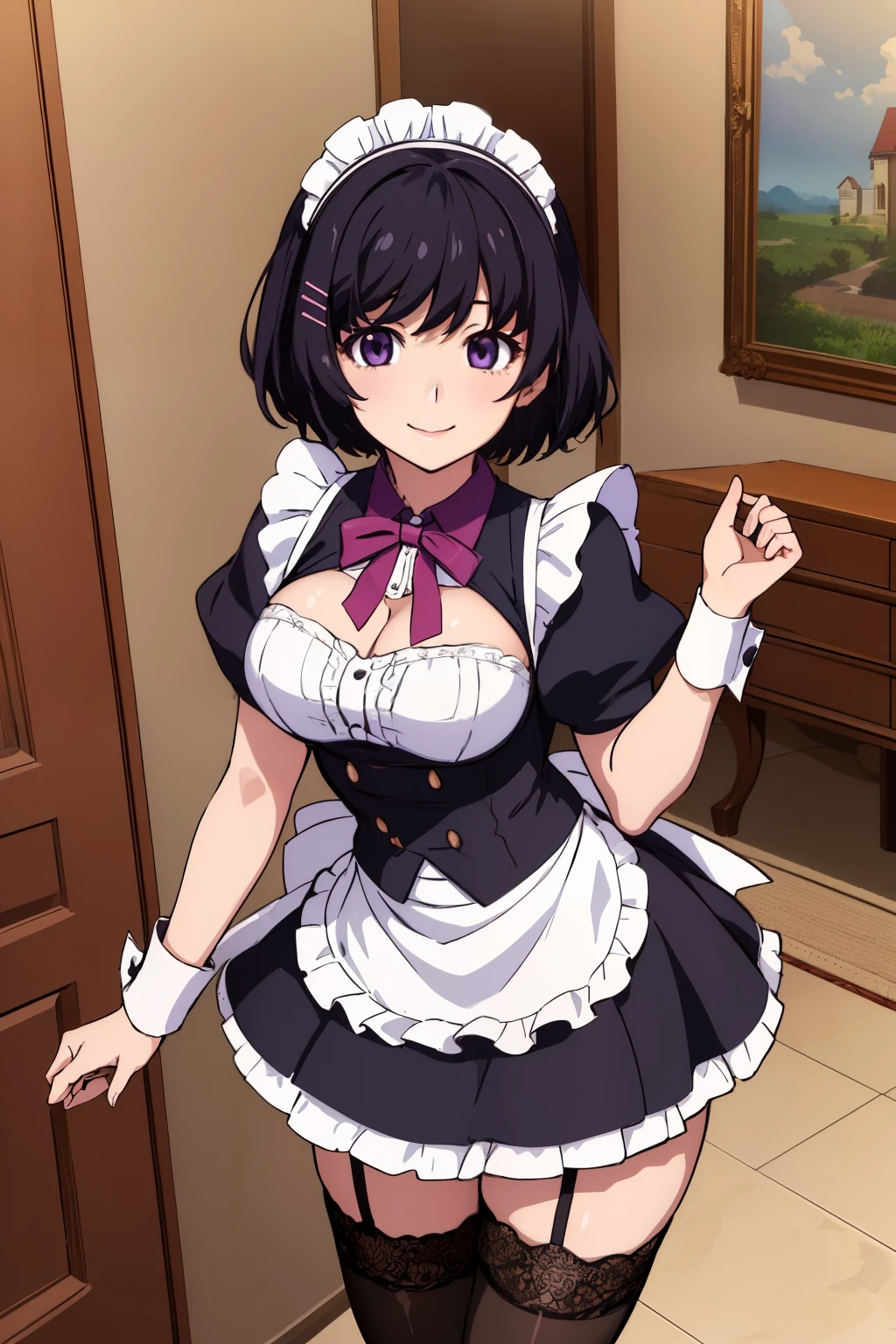 (masterpiece), (Highest quality), (High resolution), (detailed),(Hanekawa) One girl, Purple eyes, Black Hair, hort hair, Hair Clip, View your viewers, smile, Large Breasts, maid headdress, mini-skirt maid, standing, lace stockings, black pumps, standing, Cowboy Shot, indoors