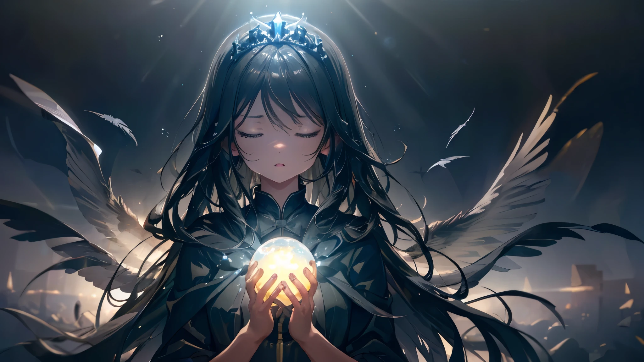 1 girl, upper body, (closed eyes), (facing viewer), (gentle expression), [serious, open mouth], (black long hair), straight hair, (black long dress), [[empty background decoration, darkness, celestial background]], cinematic lighting, dramatic lighting, Sharp Focus, (Best Quality, masterpiece, detailed, facial focus), depth of field, (black blade tiara, black crow's feather wings), ((a glowing sphere of light on cupping hands)), ((divine atmosphere)), lighting from center