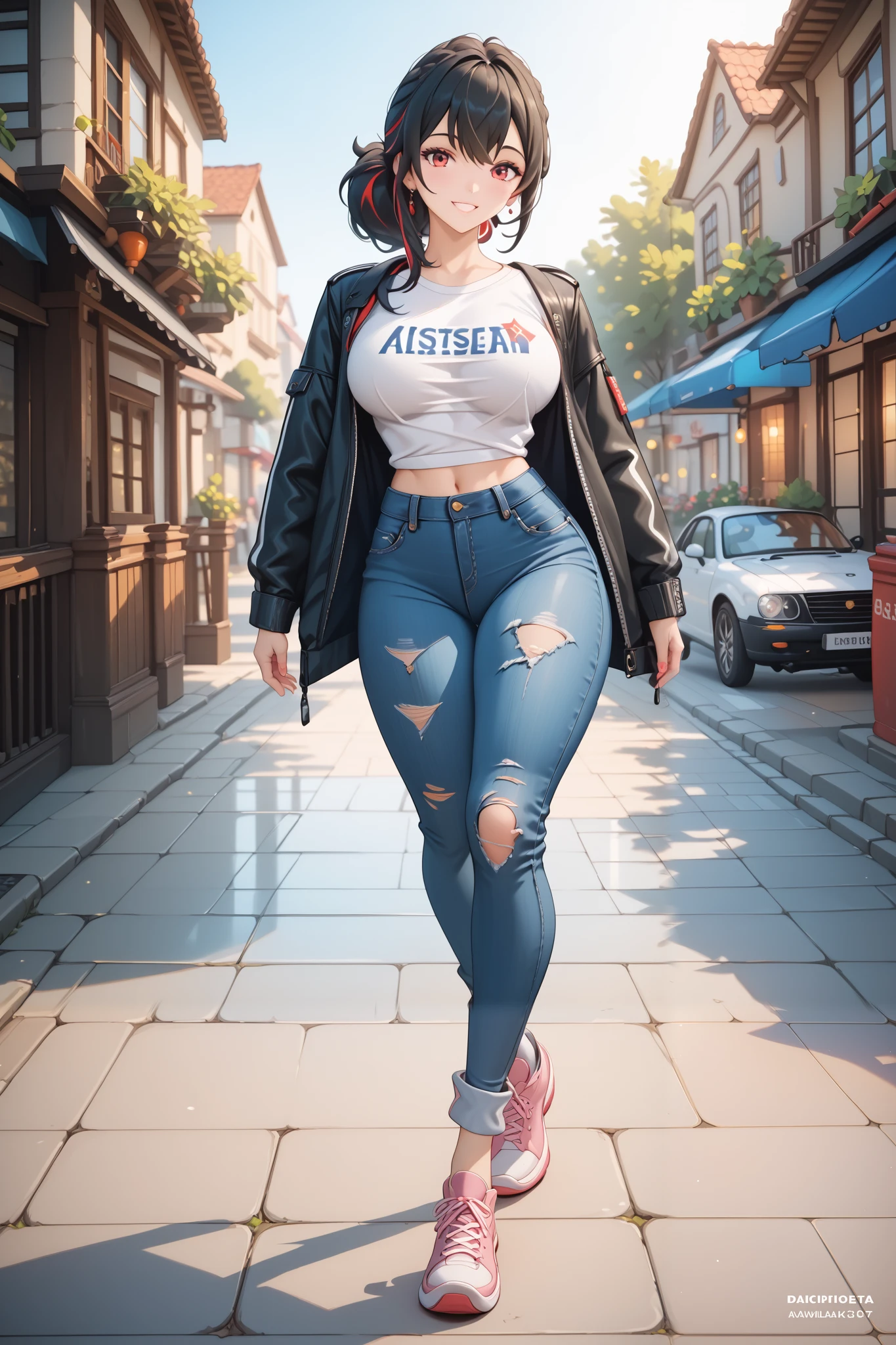 best quality, masterpiece, highres, 1girl,zhu yuan,((fullbody)),stand up,(( slim body)),long legs,smile,large breasts,white tshirt,ripped short jeans,looking at viewers,front look,(high detailed skin:1.2), 8k uhd, dslr, soft lighting, high quality, Photograph, high resolution, 4k, 8k, Bokeh, plain white background