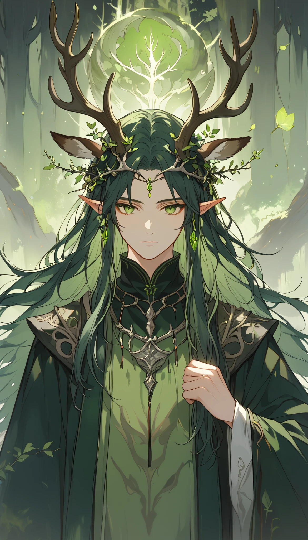 a single young man ,  long straight hair ,  dark green hair ,  dressed in medieval Druid clothes,  with two elk antlers on his head ,  pointed ears ,  green eyes, peaceful, quiet,  beautiful face,, on a dark and desolate summit ,  buds sprouting out of the dark earth, atmosfera oscura, swamp