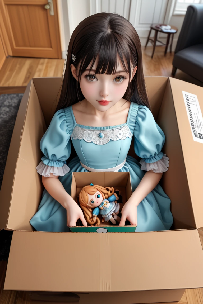 Unboxing real doll. the doll in the box, fully clothed, wearing luxury dress. the box is on the table of living room,