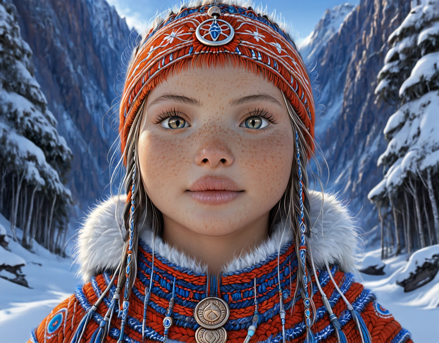 Saami Women. Official Art – Charecter profile. An Award-Winning Digital Masterpiece In 4K Ultra HD, Extreme Detail And Intricate Realism. Symmetrical Face. This Concept Art Brought To Life By The Hands Of Artists Like Wlop & Artgerm In A Stunning 2D Vector Illustration.Background Is A Panoramic Vista.
