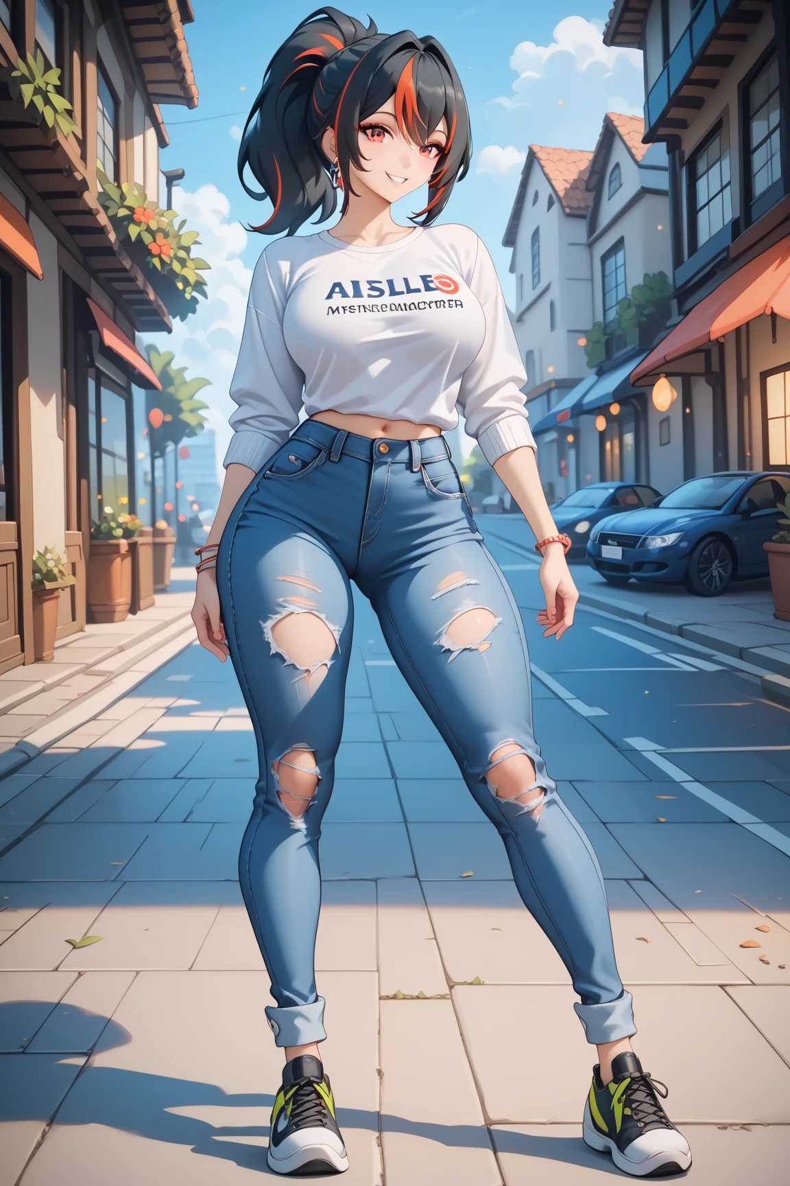 best quality, masterpiece, highres, 1girl,zhu yuan,((fullbody)),stand up,(( slim body)),long legs,ponytail streaked hair,smile,large breasts,white tshirt,ripped short jeans,looking at viewers,front look,(high detailed skin:1.2), 8k uhd, dslr, soft lighting, high quality, Photograph, high resolution, 4k, 8k, Bokeh, plain white background