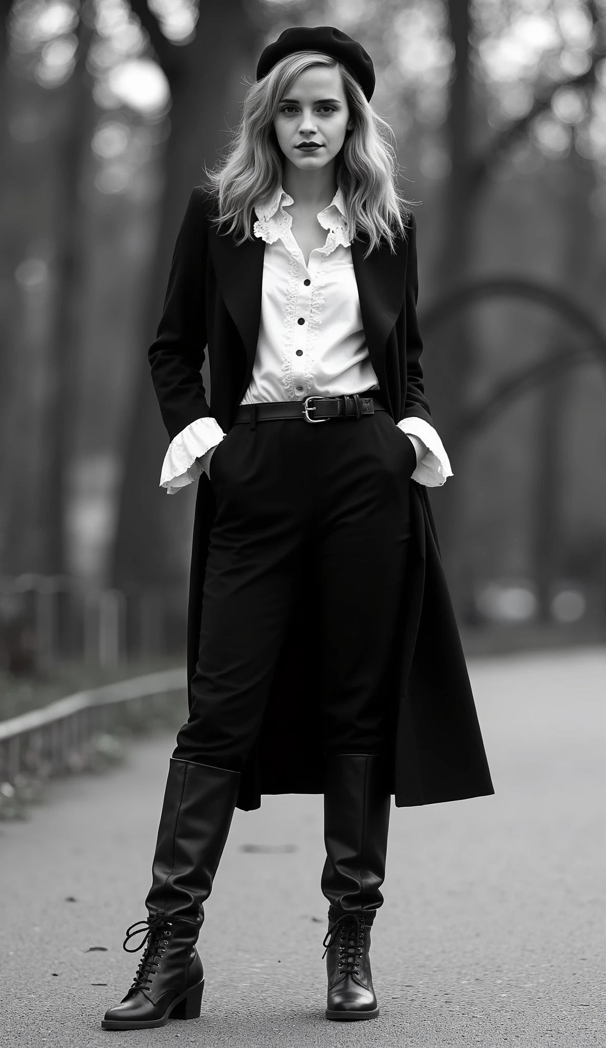 Black and White photographic, Front view, Full body , standing stylish model pose, on ground, 1930 years fashion , female spy name is Mata Hari, American Actress is Emma Watson, 30-age, blond classic hair, dressed in male attire, black jacket, pants, long dark brown boots, white blouse with ruffles around the neck and sleeves, wearing a black beret hat.in Paris Park, noon , ( super detailed, High Details, High Quality , Accurate, anatomically correct , textured skin, beautiful fingers super detailed, High Details , High Quality , High Quality )