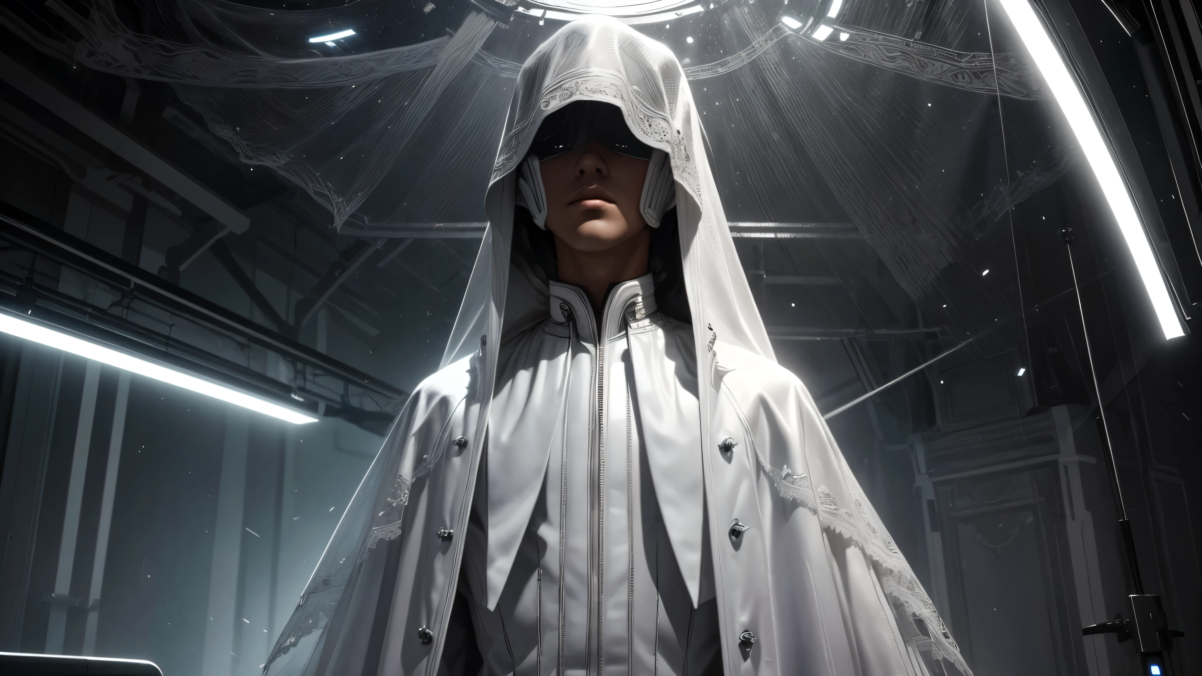 masterpiece, best quality, extremely detailed, hyperrealistic, photorealistic, a cool mexican 20s robot boy, ultra detailed face, blonde hair, white suits, white raincoat, riding veil hood, mask, raising hands, dancing, from below, dynamic angle, futuristic factory