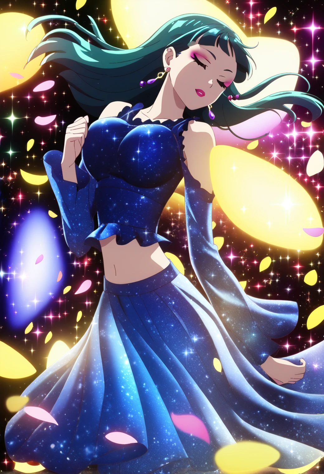 1girl, maomao, solo, green hair, long hair, blue eyes, BREAK
maomao, solo, sparkling dress, blue dress, closed eyes, earrings, full body, floating hair, floating clothes, sparkle background, starry background, midriff, collarbone, sparkling footwear, layered dress, petals, falling petals, jewelry, long sleeves, sidelocks, blunt bangs, straight hair, hair beads, purple earrings, star earrings, glint, sparkle, partially bare shoulders, lipstick, makeup, pink mascara, pink eyeliner, BREAK
score_9, score_8_up, score_7_up, score_6_up, score_5_up, score_4_up, anime, BREAK, (high quality, detailed, beautiful), shiny, detailed beautiful eyes, outstanding, countershading, detailed soft lighting, exposed breasts, big breasts, huge breasts 