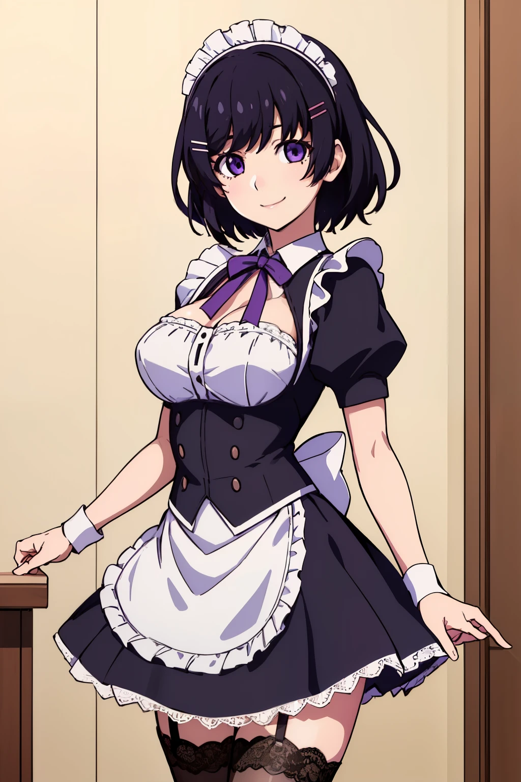 (masterpiece), (Highest quality), (High resolution), (detailed),(Hanekawa) One girl, Purple eyes, Black Hair, hort hair, Hair Clip, View your viewers, smile, (Large Breasts), (skinny body: 1.3), maid headdress, mini-skirt maid, standing, lace stockings, black pumps, standing, Cowboy Shot, indoors