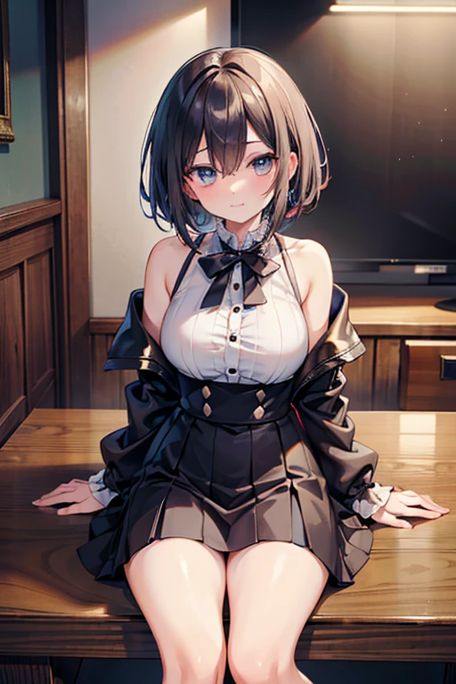 woman,Bob Hair,Large Breasts,Maid clothes,Short sleeve,I can see the valley.Cute black gloves,Cat ears headband,Wear tights,Dark brown hair,Large Breasts,maid Cafe