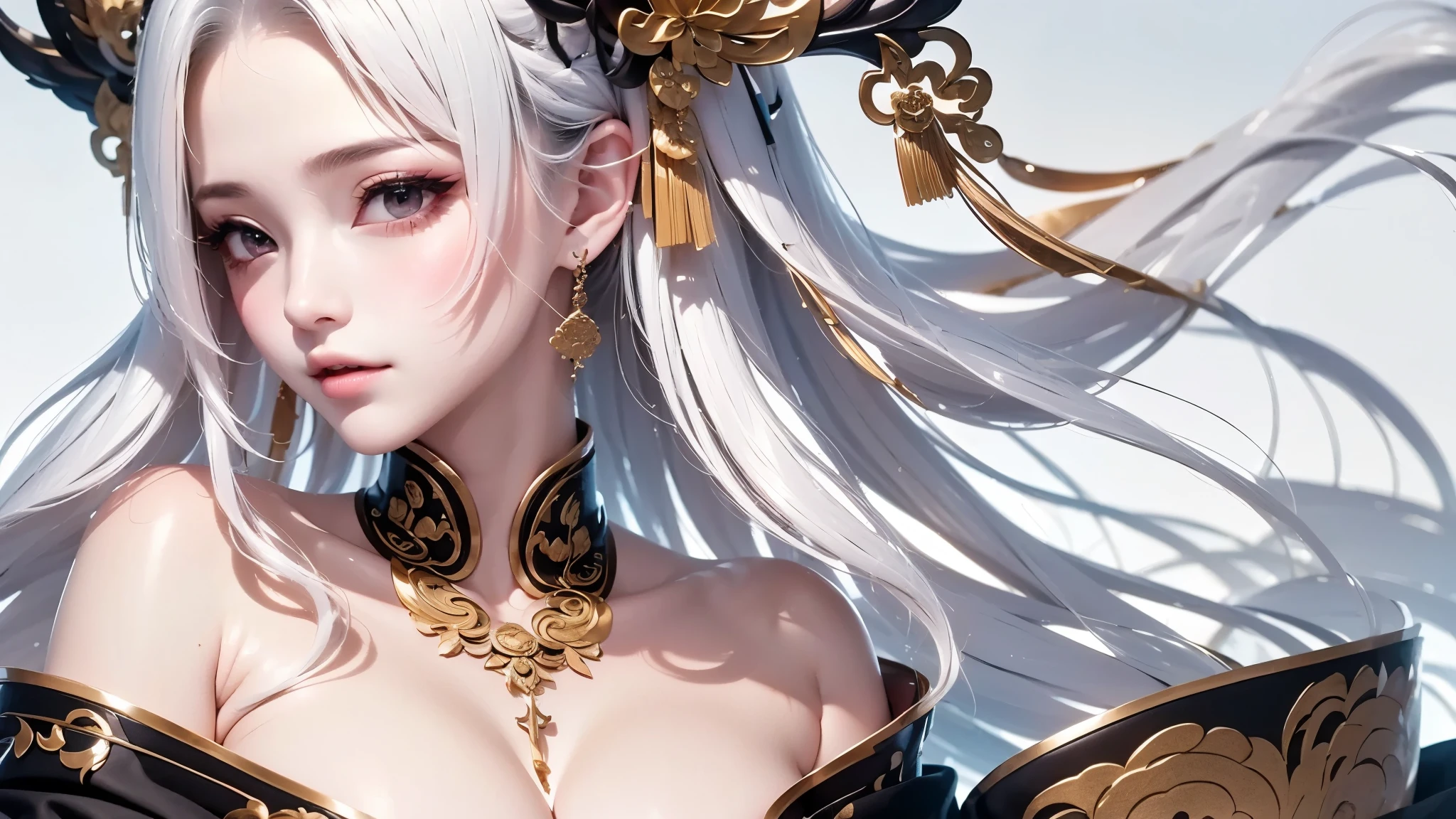 super high quality, masterpiece, Perfect illustration, Very detailed:1.6,　white barance, 1girl, 23 years old, cute girl, white hair, sharp and big beautiful eyes, medium breasts, bright skin. fantasy royalty, onmyoji, majesty, asian dress. black and gold clothes. simple background, white background, white dust. hanbok、Chinese royal clothing、Chinese samurai, profile
