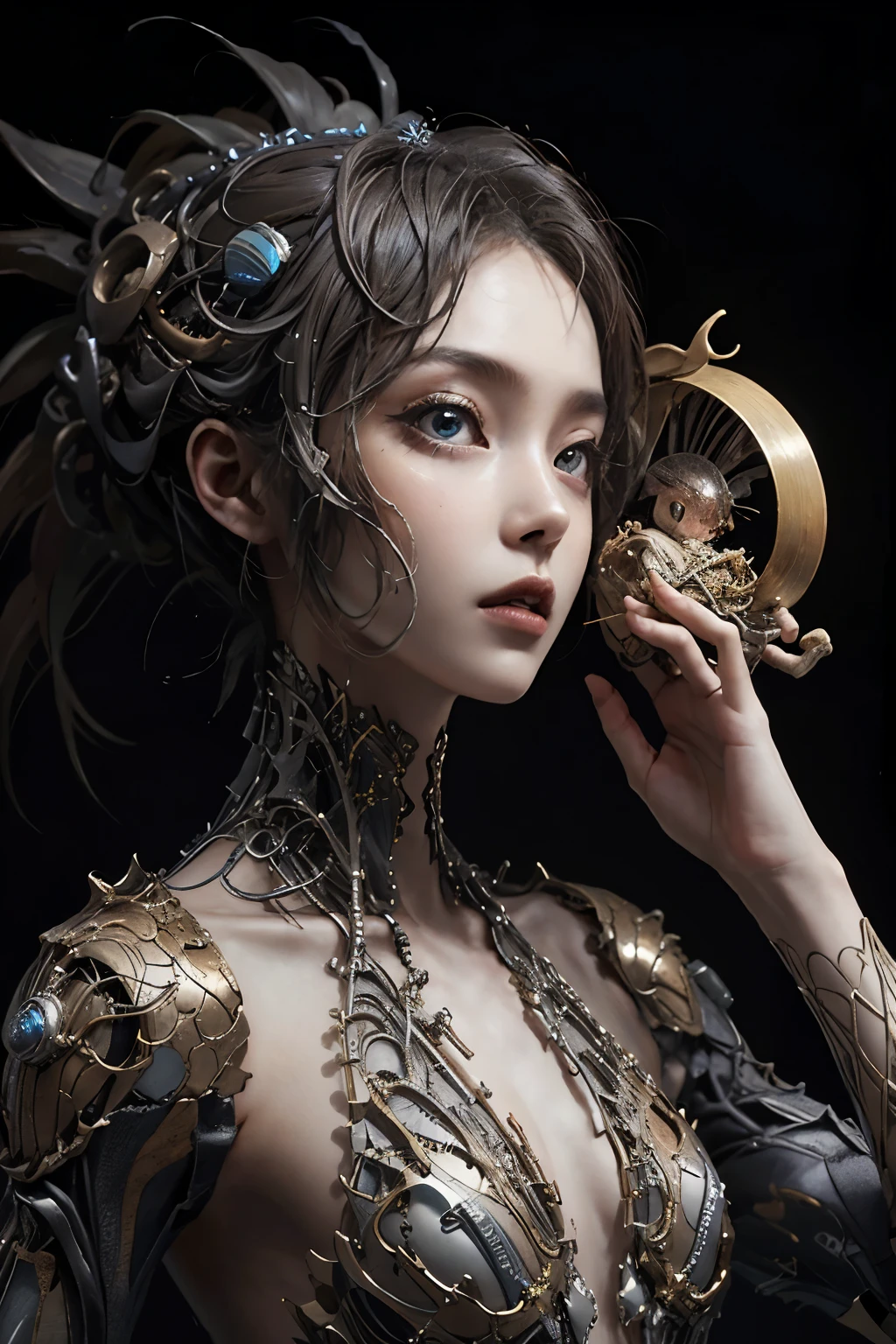 最好质量、巨作、ultra-high-resolution、(photoreallistic:1.4)、Raw photo、1 girl with big、Black hair、glowy skin、1 Mechanical Girl、((hyper realistic detail))、portlate、Global Illumination、Shadow、octane rend、8K、ultrasharp、big tit、Raw skin is exposed in cleavage、metals、Details of complex ornaments、Steampunk details、Analog Meter、cog、gear、Golden hydraulic cylinder、hyper intricate details、Realistic light、CGSoation Trends、purple colored eyes、eyes glowing、Facing the camera、neon details、Mechanical limbs、blood vessels connected to tubes、Mechanical vertebrae attached to the back、mechanical cervical attaching to neck、sitting on、Wires and cables connecting to the head、vacuum tubes、cog、meter、evangerion、Small LED lamp、The background is a steampunk city、