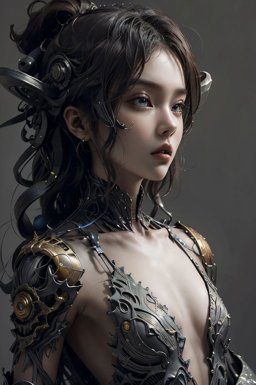 top-quality、masterpiece、超A high resolution、(Photorealsitic:1.4)、Raw photo、女の子1人、Black hair、glowy skin、1 Machine Devil、large metal wings、Metal horns、((super realistic details))、portlate、globalillumination、Shadow、octan render、8K、ultrasharp、Colossal tits、Raw skin is exposed in cleavage、metals、Details of complex ornaments、Steampunk details、vacuum tubes、Nixie Kan、Oil pressure gauge、Glass Kan、Analog Meter、gear wheel、gear、Hydraulic cylinder、highly intricate detail、Realistic light、Red Eyes、radiant eyes、Facing the camera、neon details、Mechanical limbs、blood vessels connected to tubes、Mechanical vertebrae attached to the back、mechanical cervical attaching to neck、sitting on、Wires and cables connecting to the head、Small LED lamp、Sumerian details、