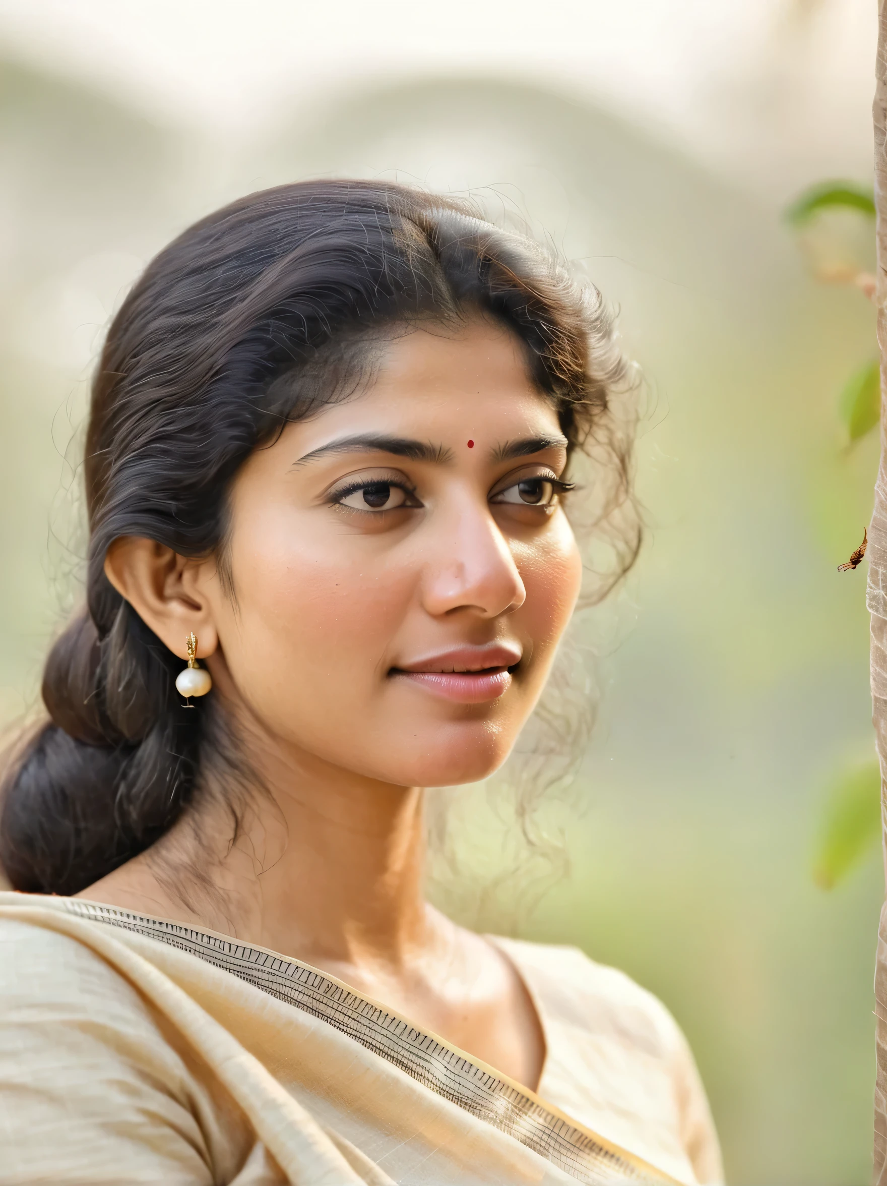 ultrarealistic hires close up photo of a 30-year-old sai pallavi woman, outdoors, realistic skin texture, looking looking at camera, high collar intricate (cotton_saree_blouse:1.2), beautiful bokeh background