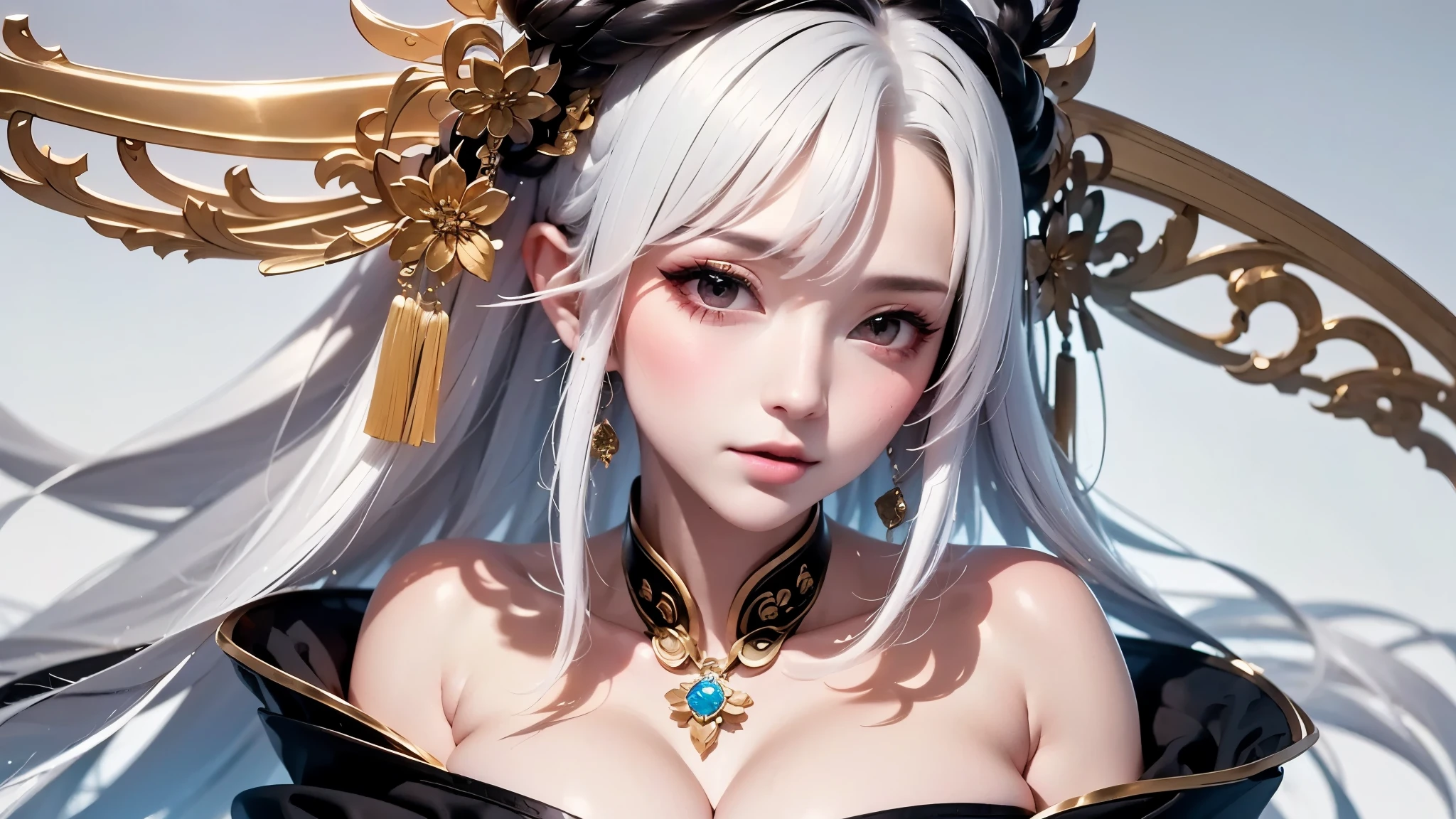 super high quality, masterpiece, Perfect illustration, Very detailed:1.6,　white barance, 1girl, 23 years old, cute girl, white hair, sharp and big beautiful eyes, medium breasts, bright skin. fantasy royalty, onmyoji, majesty, asian dress. black and gold clothes. simple background, white background, white dust. hanbok、Chinese royal clothing、Chinese samurai, profile
