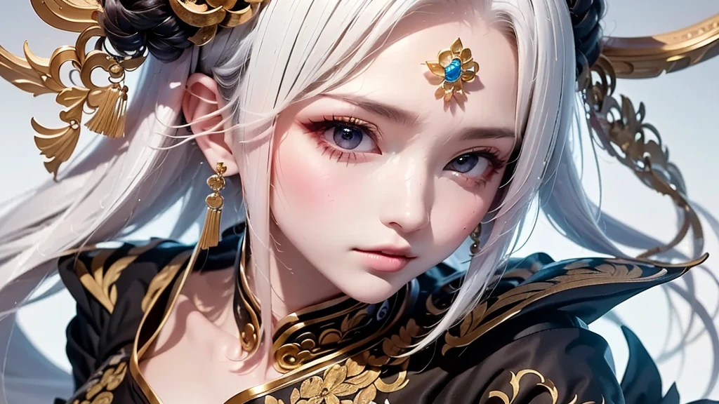 super high quality, masterpiece, Perfect illustration, Very detailed:1.6,　white barance, 1girl, 23 years old, cute girl, white hair, sharp and big beautiful eyes, medium breasts, bright skin. fantasy royalty, onmyoji, majesty, asian dress. black and gold clothes. simple background, white background, white dust. hanbok、Chinese royal clothing、Chinese samurai, profile
