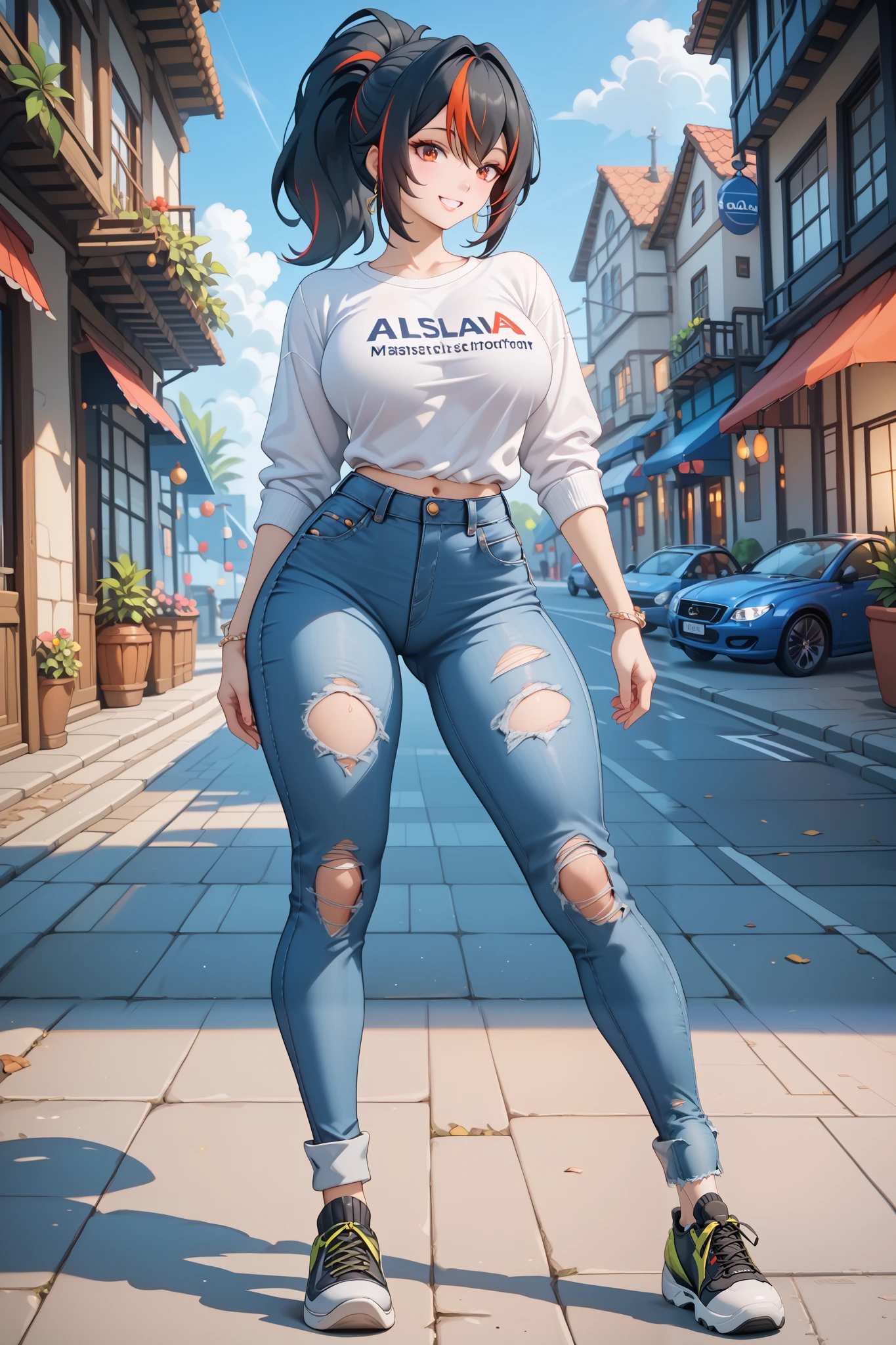 best quality, masterpiece, highres, 1girl,zhu yuan,((fullbody)),stand up,(( slim body)),long legs,ponytail streaked hair,smile,large breasts,white tshirt,ripped short jeans,looking at viewers,front look,(high detailed skin:1.2), 8k uhd, dslr, soft lighting, high quality, Photograph, high resolution, 4k, 8k, Bokeh, plain white background