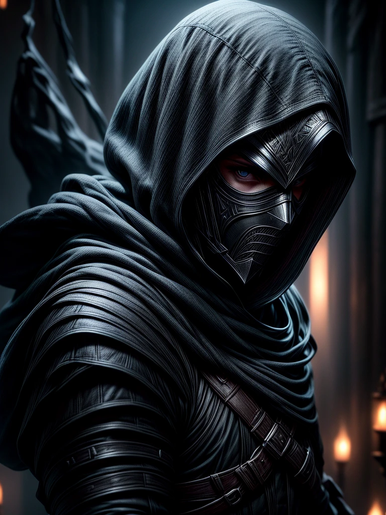 male assassin , iron mask hoodie details covering the entire face, white armor with black , with a waning moon in the background .