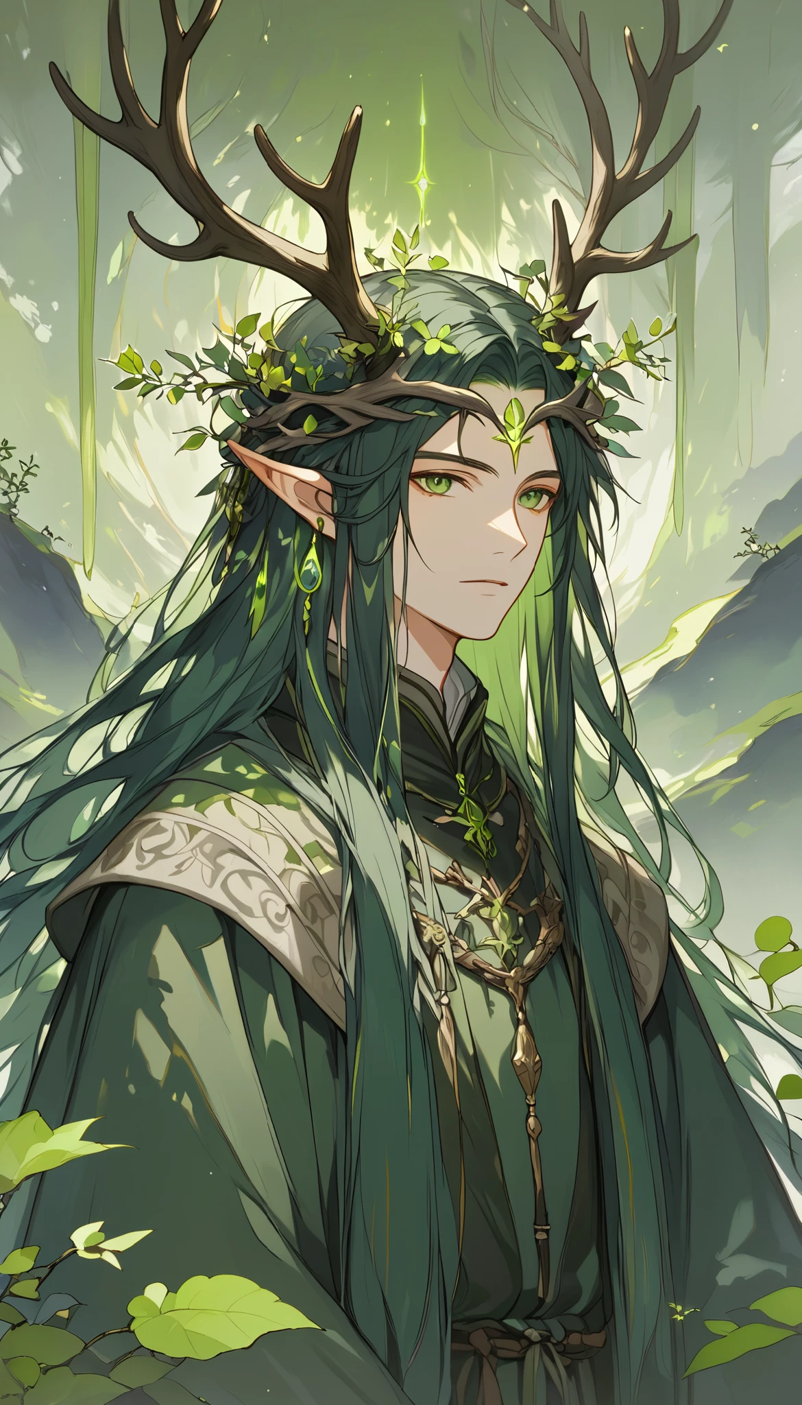 a single young man ,  long straight hair ,  dark green hair ,  dressed in medieval Druid clothes,  with two elk antlers on his head ,  pointed ears ,  green eyes, peaceful, quiet,  beautiful face,, on a dark and desolate summit ,  buds sprouting out of the dark earth, atmosfera oscura, swamp