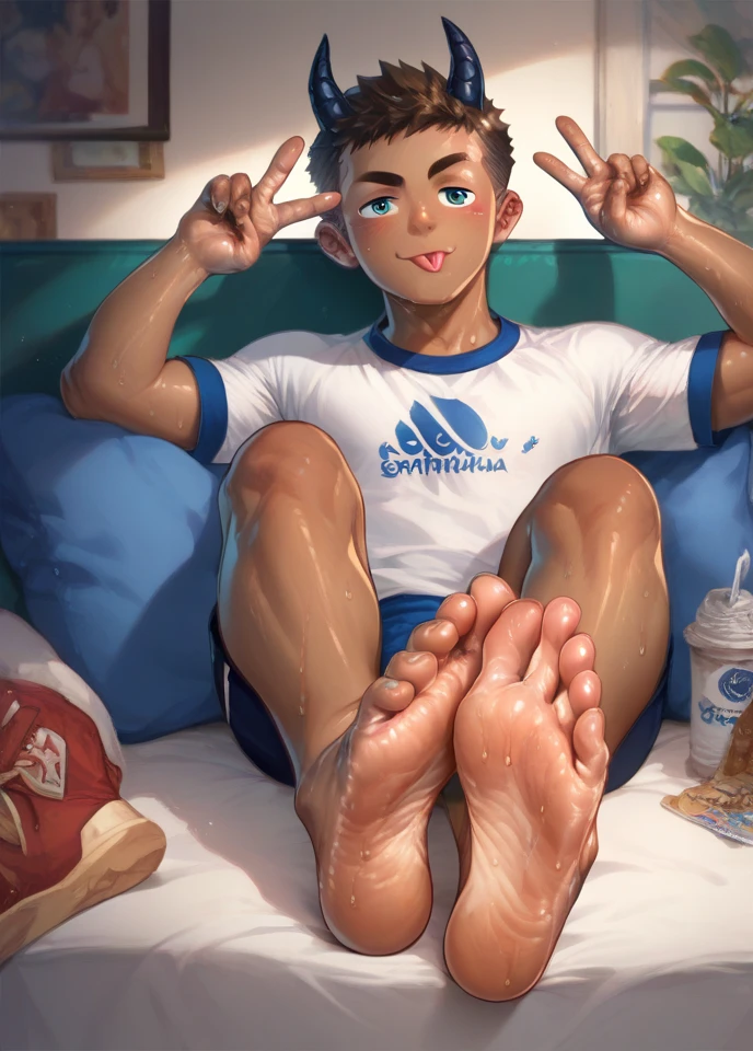 Sporty young boy, tight short, tshirt, , cute men, boy, horns and a brown dark skintone boy 
Tongue out 
Showing smelly feet really sweaty feet soles, front show.
Giving the peace sign on both hands