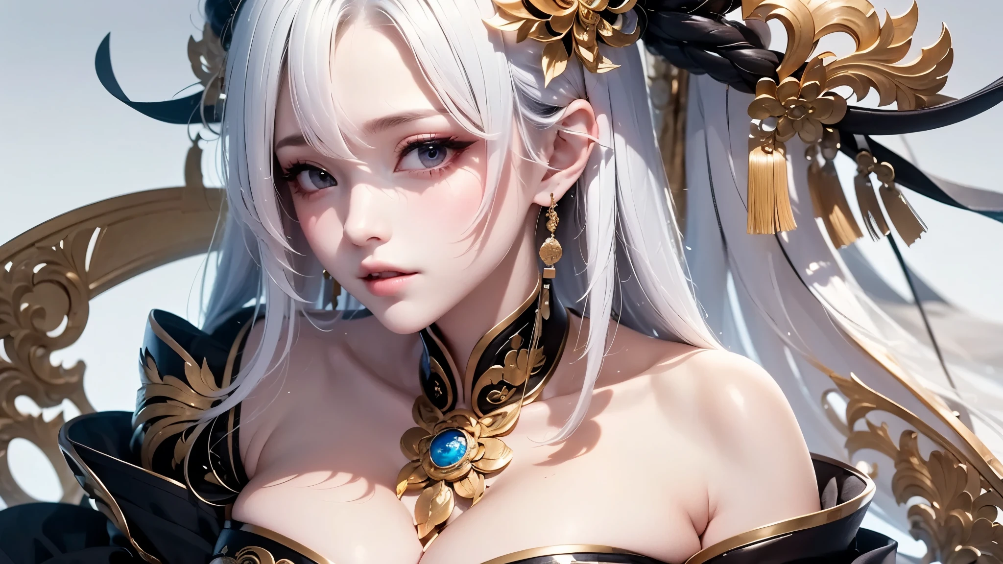 super high quality, masterpiece, Perfect illustration, Very detailed:1.6,　white barance, 1girl, 23 years old, cute girl, white hair, sharp and big beautiful eyes, medium breasts, bright skin. fantasy royalty, onmyoji, majesty, asian dress. black and gold clothes. simple background, white background, white dust. hanbok、Chinese royal clothing、Chinese samurai, profile
