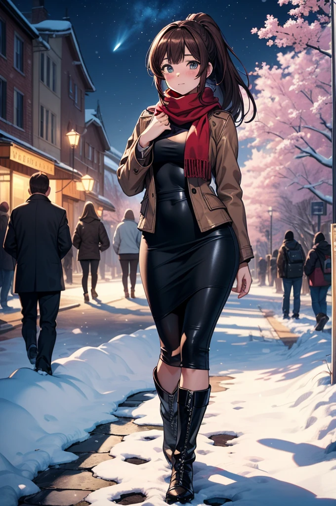 ((masterpiece, best quality:1.3, high detail)), beautiful woman, looking at viewer, long hair, (dark red brown hair, ponytail hair), full-face blush, solo focus, one person, (brown jacket, white blouse, red scarf, (long black pencil (skirt)), long leather pencil skirt, boots, outdoors, (night sky, snow), (lower body), (realistic), (realism), (ultra detailed), park, tree,