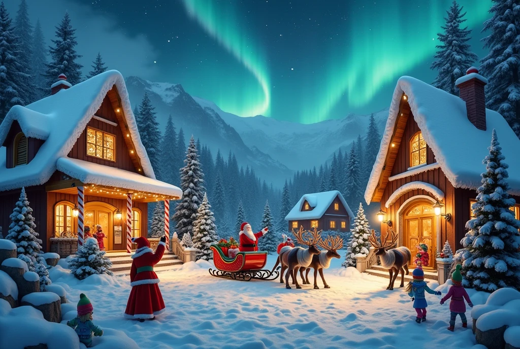 Imagine a magical Santa's Village nestled in the snowy mountains. The scene features cozy, brightly-lit cottages with candy-cane pillars and snow-covered roofs, surrounded by twinkling Christmas lights. Elves dressed in colorful outfits busily prepare toys in a workshop visible through large frosted windows. A sleigh, glittering with golden details, stands ready with reindeer in the foreground, their breath visible in the frosty air. Santa, in his iconic red suit, waves cheerfully, while ren laugh and play in the snow. The night sky glows with the Northern Lights, casting an ethereal light over the enchanting village. Every detail radiates warmth, joy, and holiday spirit.
