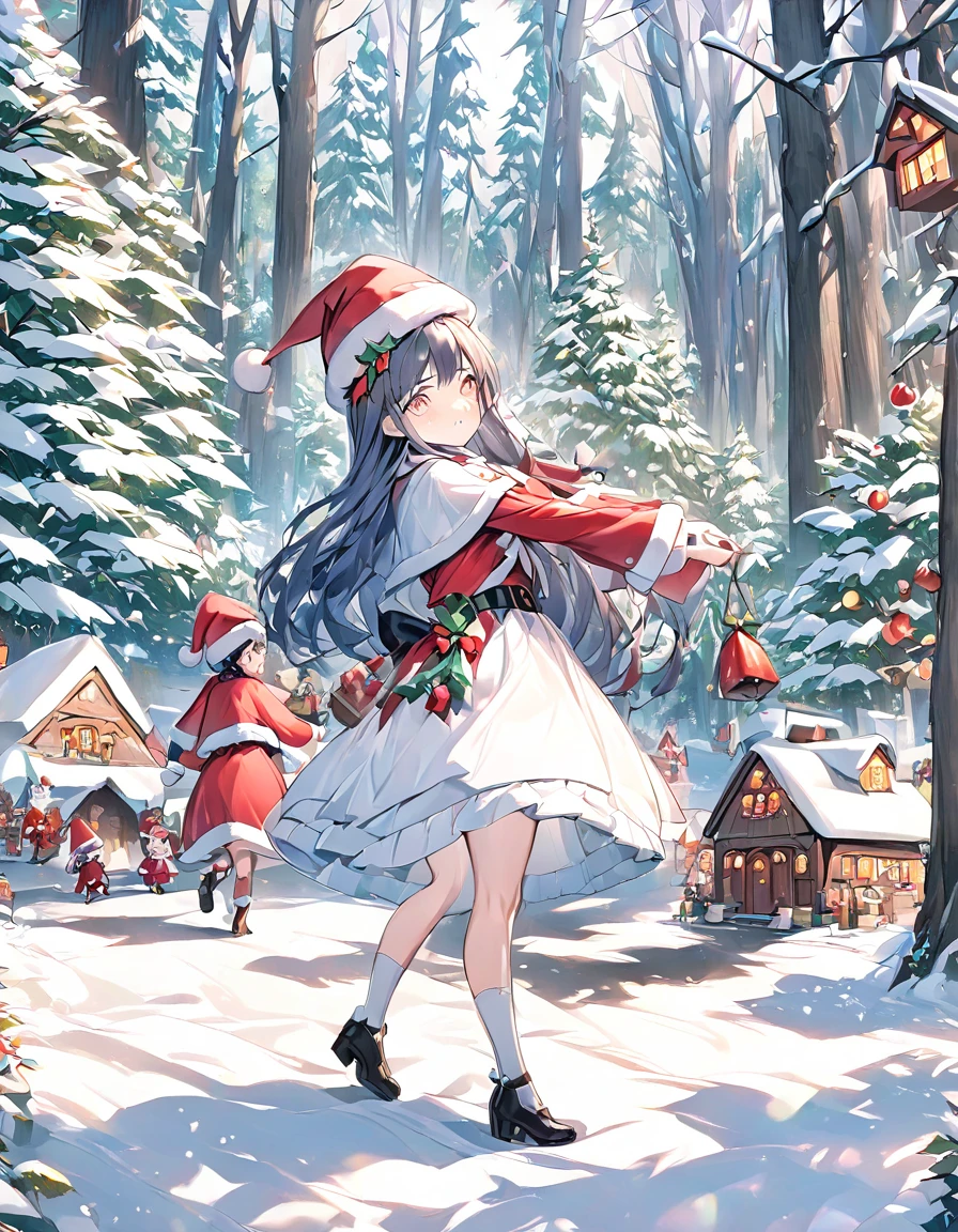 Santa village in the woods , Christmas, many girls are playing,,