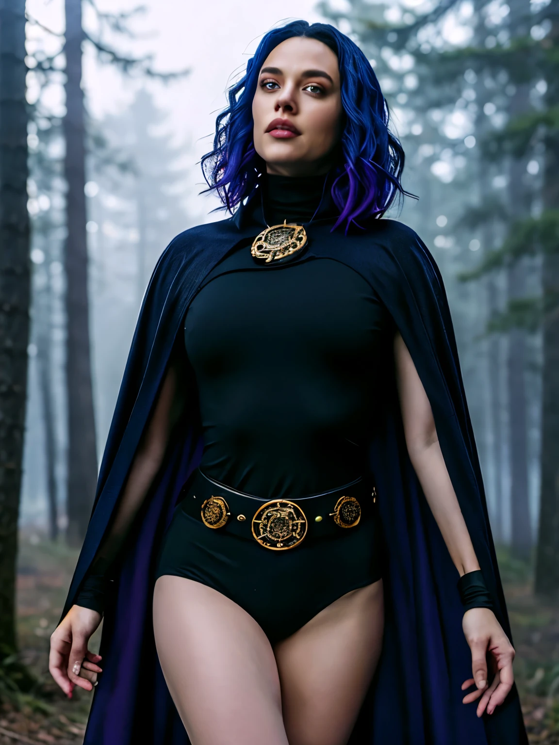 1girl, cowboy shot of rvn, hotraven, pale skin, black leotard, turtleneck, tights, cape, glowing eyes, gold belt, jewels, medallion, athletic, looking at viewer, night, dark forest, mist, fog, volumetric lighting, best quality, masterpiece, intricate details, tonemapping, sharp focus, hyper detailed, trending on Artstation, realistic  