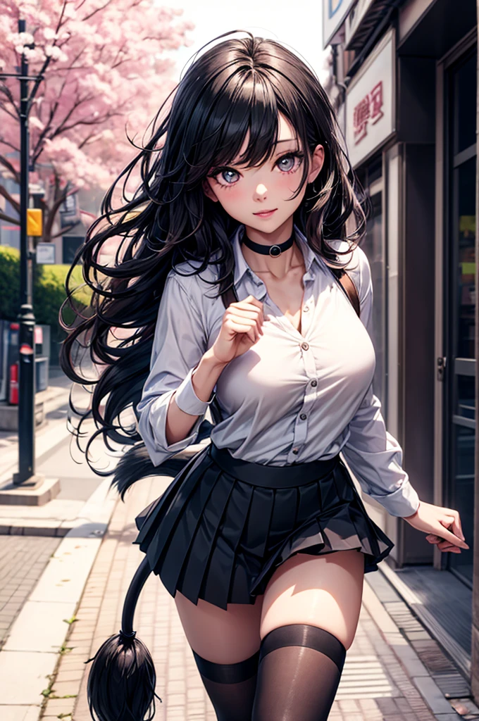 A woman, 30 years old, Mature, Super textured hair, Extra long wavy hair, Single ear front hair, Nice face, Super detailed eyes, Grow eye hair, shining pupils, Charming eyes, Beautiful and delicate lips, seductive smile, A light blush, Very detailed face, Extra detailed body, High quality real skin texture, Soft textured skin, (Advanced semi-transparent chiffon office clothing design), white collared shirt, black skirt, Lace trim at hem, Black underwear, High heel, bust cardigan, High quality legs, Super high quality fingers,