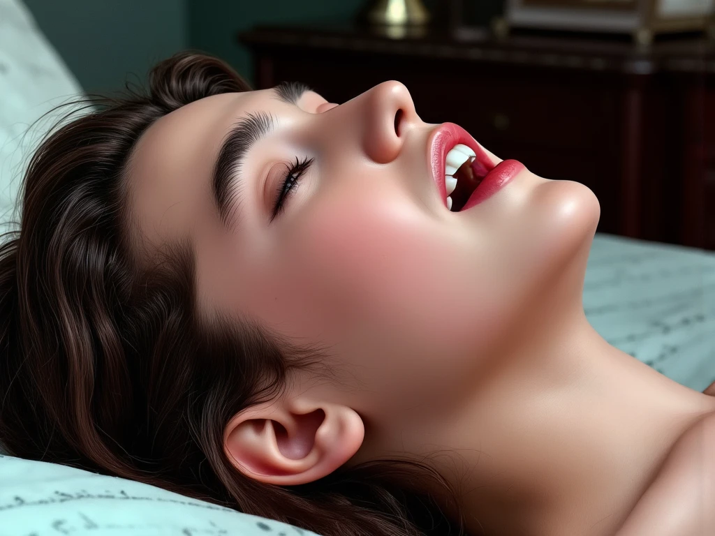 Sfw, The image is a high-resolution photograph featuring a teenage girl Jennifer Connelly with youthfully succulent fair skin and long straight dark hair, emphasizing her striking natural beauty. , A vibrant close-up of Jennifer Connelly, (a beautiful profile from the side), (She might be naked), (She lays on her back on the bed), natural light filtering through., with youthful, fresh, sweaty, fair skin, plump cheeks, clean, (no makeup), gracefully arched nose, eyes closed, mouth open as if in ecstasy, which makes her face the focal point, The overall mood is serene and inviting, with the busty beautiful teenage girl Jennifer Connelly, (closing her eyes and open her mouth as if in ecstasy.), she shows a modest hint of pink lipstick., The overall mood of the photograph is of striking clarity yet sensual., modest brown eyebrows. She has a fair unblemished skin tone. Her large, modest brown hair that falls just past her shoulders, emphasizing the cuteness and youthfulness of her appearance., she is in a hotel room, subtle tensed atmosphere, The overall tone of the image is somewhat sensual, and natural lips with glossy color, high resolution, accurate, many awards, high definition model, high quality, retina, textured skin, ultra high resolution, highly detailed, quality, high detail, detailed, best quality, masterpiece, 