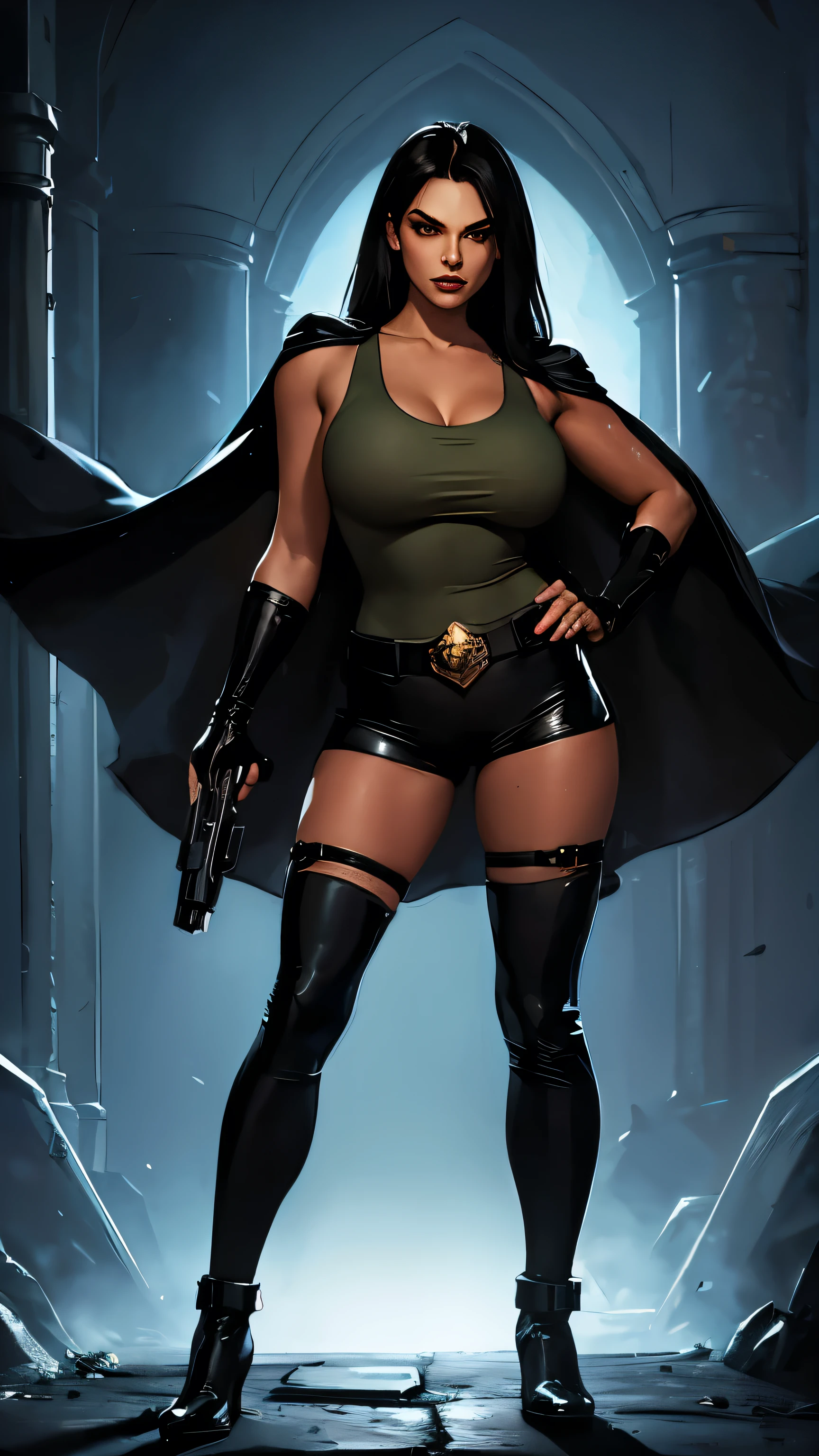 dark queen from battletoads video game, young face,  shiny black tank top, cleavage, army green short shorts, long black hair,  long black gloves, long black combat boots, black cape, light blue inner lining of cape, exploring a tomb, holding a hand gun in both hands, full body view