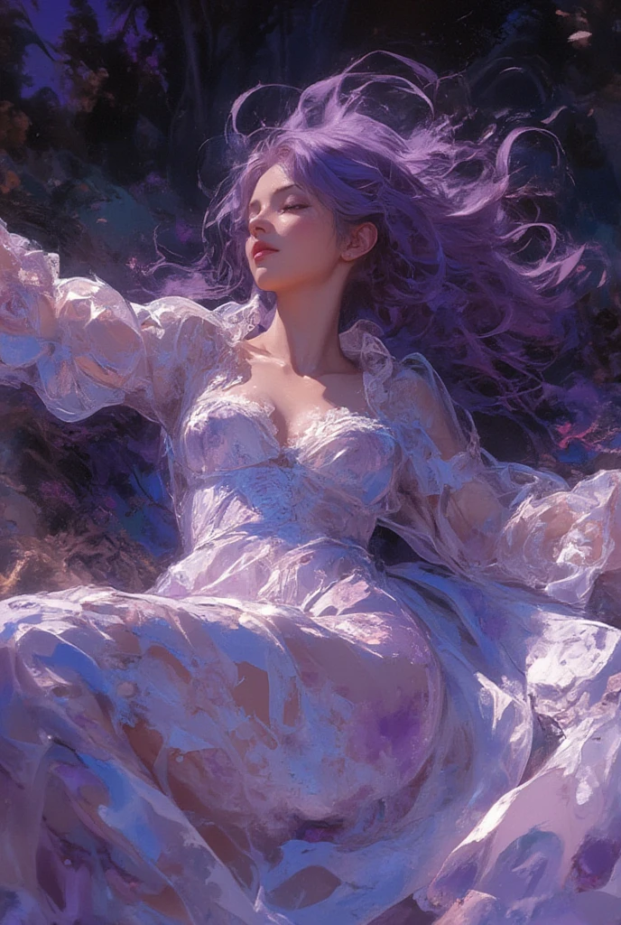 colorful watercolor painting.a woman,lying gracefully.flowing lavender hair.a serene expression.She wears delicate, clothing adorned with floral patterns.beauty and dreamlike tranquility, oil painting, a detailed painting, ink artistic conception, real paint texture, hyper-realistic, depth of field, (full body:1.3), charming, desire, fine facial features, dramatic lighting, Realistic, highly detailed, masterpiece, 8k, Cinematic Composition, dark moody vibe, Dramatic Shadows, Intricate and elaborate pattern, 30 megapixel, chiaroscuro lighting, moody color palette, deep contrast, realistic anime style, A fusion of the styles of Katsuya Terada, Range Murata, Akiman and JUNNY