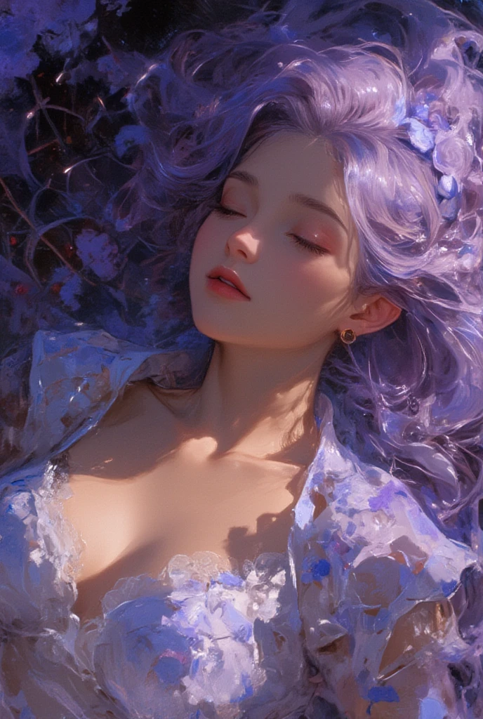 colorful watercolor painting.a woman,lying gracefully.flowing lavender hair.a serene expression.She wears delicate, clothing adorned with floral patterns.beauty and dreamlike tranquility, oil painting, a detailed painting, ink artistic conception, real paint texture, hyper-realistic, depth of field, (full body:1.3), charming, desire, fine facial features, dramatic lighting, Realistic, highly detailed, masterpiece, 8k, Cinematic Composition, dark moody vibe, Dramatic Shadows, Intricate and elaborate pattern, 30 megapixel, chiaroscuro lighting, moody color palette, deep contrast, realistic anime style, A fusion of the styles of Katsuya Terada, Range Murata, Akiman and JUNNY