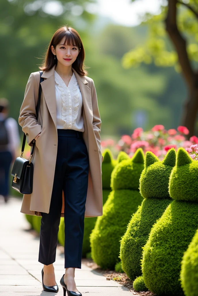 ultra-realistic, photorealistic, dramatic scene, shadow, global-illumination, solo, (20 years old Japanese girl:1.5), very beautiful with very cute but boyish cool face, (very large breasts), slim waist, (wearing an office worker's outfit with dark navy pants and white raffled shirt and beige spring coat:1.2), black elegant pumps, wearing her light brown hair down,  She carries a black elegant bag on her shoulder, (large breasts), sunny day in the morning, She is walking at the botanical park, flowers, professional light, she found hedges with flowers trimmed into the shape of sitting cats and neatly arranged in a row without any gaps, she is so surprised and showing smile, shoot from side, dynamic angle, beautiful hedge