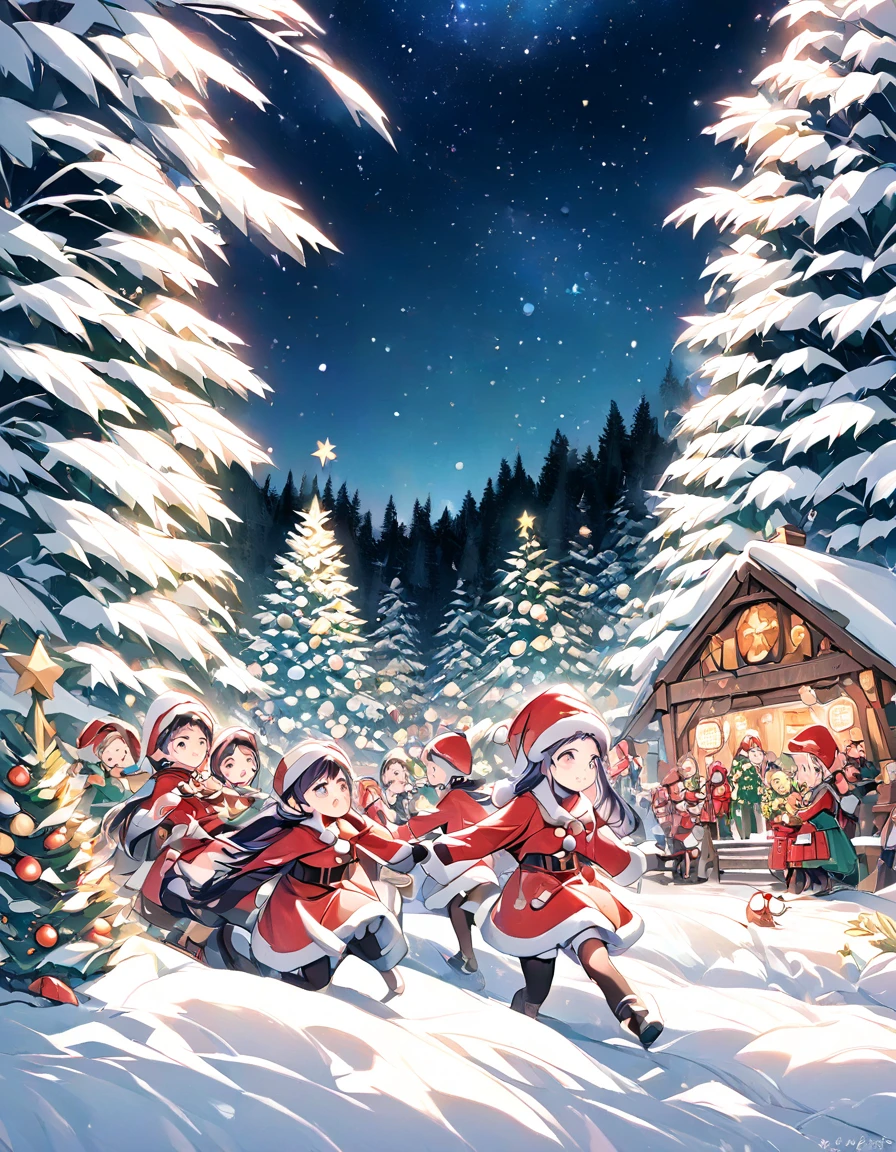 Santa village in the woods , Christmas, many girls are playing,night, starry sky 