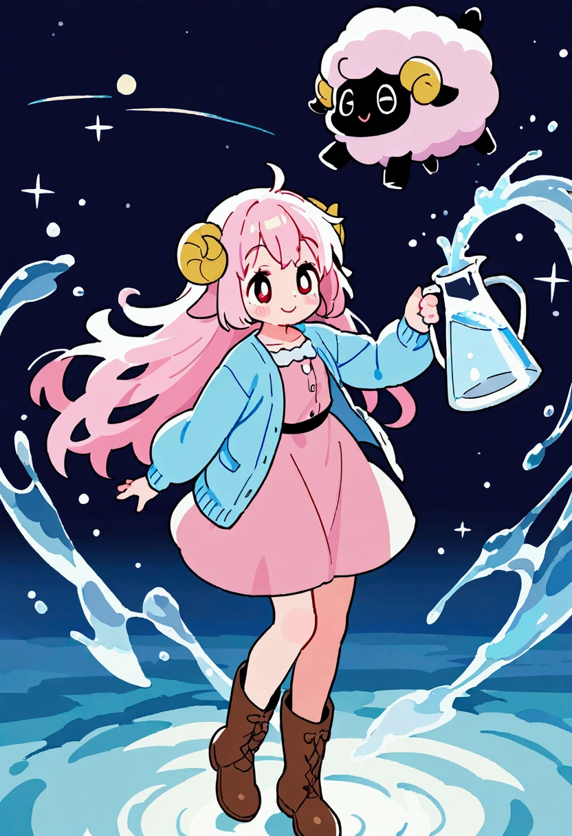 score_9, score_8_up, score_7_up, source_anime, (masterpiece:1.3, best quality:1.3, 8k,  highres icon:1.3, good anatomy), 1girl,  pink fluffy long hair holding a water jug\ Fluffy Long Hair, Sheep&#39;s round horns, Thick eyebrows, smile,  Pink Dress ,  sky blue cardigan ,  brown boots , girl & sheep on the balance:1.5,  cute BREAK Alphonse Mucha background:1.5