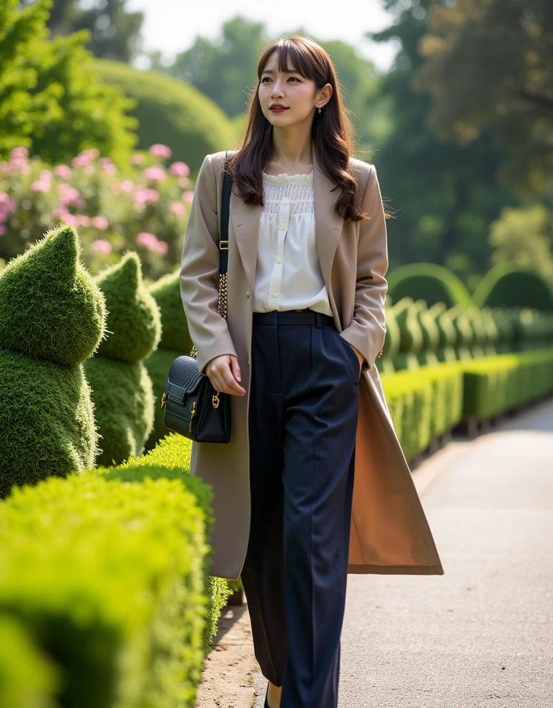 ultra-realistic, photorealistic, dramatic scene, shadow, global-illumination, solo, (20 years old Japanese girl:1.5), very beautiful with very cute but boyish cool face, (very large breasts), slim waist, (wearing an office worker's outfit with dark navy pants and white raffled shirt and beige spring coat:1.2), black elegant pumps, wearing her light brown hair down,  She carries a black elegant bag on her shoulder, (large breasts), sunny day in the morning, She is walking at the botanical park, flowers, professional light, she found hedges with flowers trimmed into the shape of sitting cats and neatly arranged in a row without any gaps, she is so surprised and showing smile, shoot from side, dynamic angle, beautiful hedge