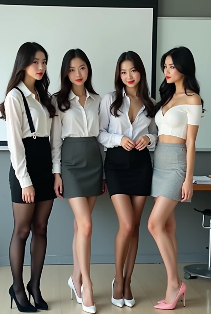 nsfw. photo realistic of 3 beautiful french lined up, beautiful western mixed oriental look, side poses. tiny breast. college student with girlfriends. bra, bob hair, standing knee apart. half body view. multiple girls and friends. nsfw. cameltoe. camel toe. sport shoes. mini skirt reveal panties. indoor club striptease. small breast. ((realistic)),(realistic shadow),((realistic skin texture)),multiple 25 years old girls. 2 girls and friends. (asian Chinese beautiful face),((Chinese sexy face)),((Chinese very sexy model)),((masterpiece)), (detailed), perfect face, small breast. nipples. open shirt. ((very sexy pose)),((sexy outfit)),((very sexy long legs)),((beautiful legs)),((very hot young teen)),(tiny g-string),((nipple slip)),((tits slip)),(teasing pose),((very sexy emotional face)),((nipple slip)),small breast. ((show small tits)),(looking at viewer),((carry luxury handbag)),((bangs hairstyles)),(black pleated skirt),((white shirt short sleeve)),((black pencil short skirt)),(black tight skirt),(random elegant pose). outdoor. upskirt. reveal panties. open legs. casual panties.