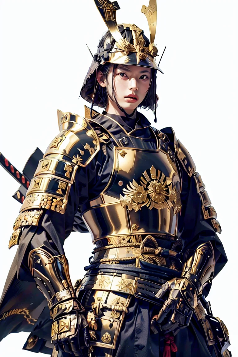 A westerner is wearing Japanese samurai armor. The armor is gold and fashionable.On his head he wears a samurai helmet. The forehead part of the helmet has a hoe-shaped shape on both sides. Image like a Japanese samurai.The whole body is looking straight ahead with arms down on either side. Like a fashion model.
