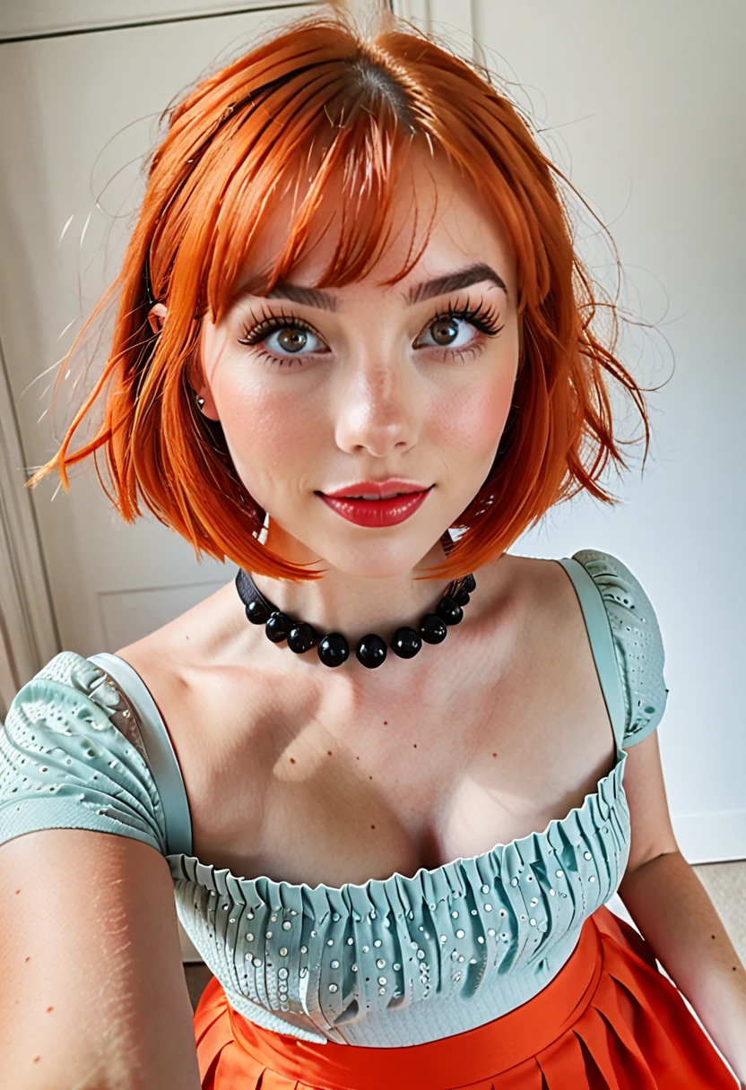 1girl, big clear eyes, eye contact, (small breasts:1.2), red choker, wide view, parted lips, pulpy lips, bright orange hair, showing off skirt, short messy hair, bangs, highly detailed, soft tones, extreme detail, no background, (detailed textures:1.1),  dramatic light, happy smile, high Depth Of Field, slight fisheye lens