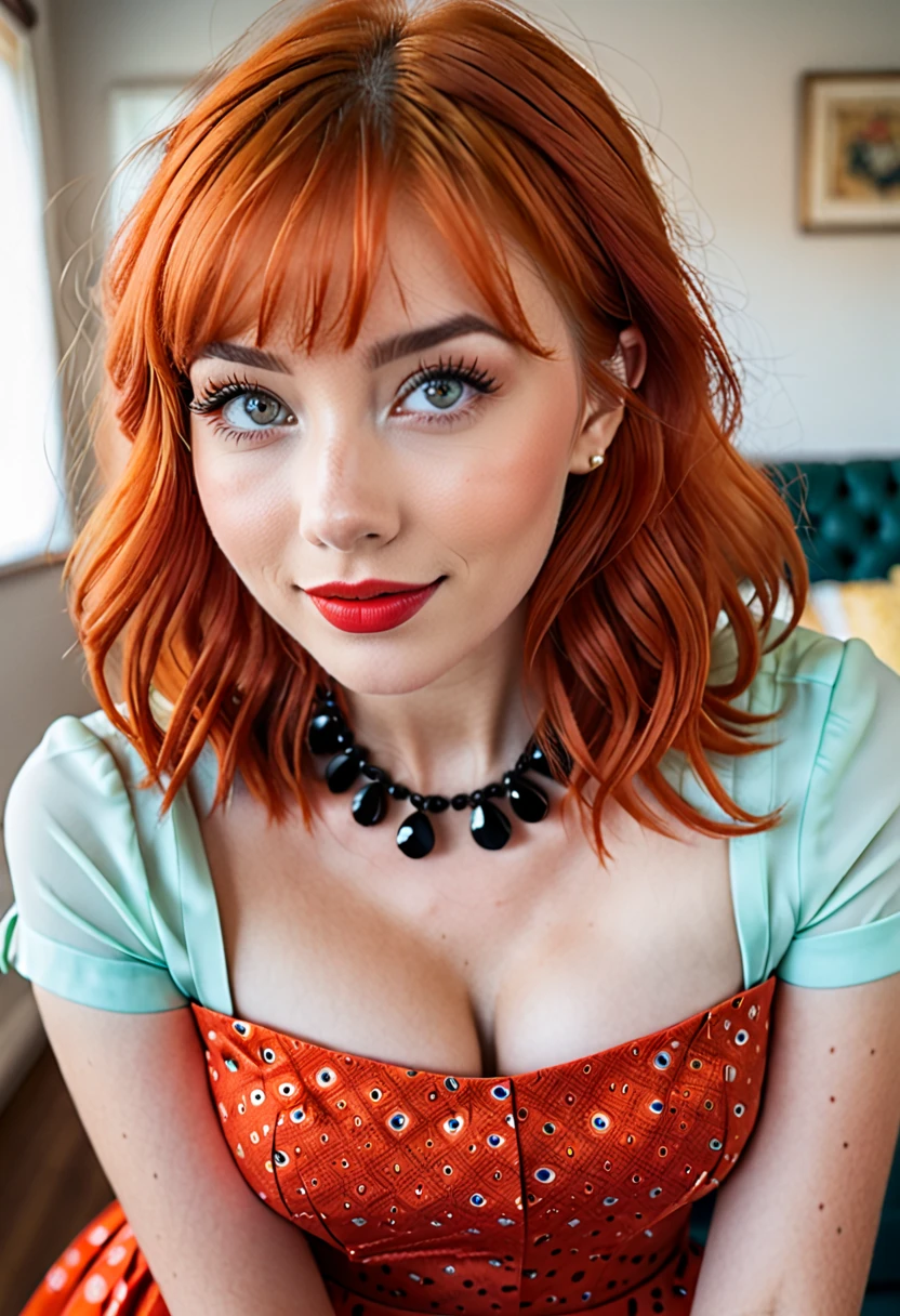 1girl, big clear eyes, eye contact, (small breasts:1.2), red choker, wide view, parted lips, pulpy lips, bright orange hair, showing off skirt, short messy hair, bangs, highly detailed, soft tones, extreme detail, no background, (detailed textures:1.1),  dramatic light, happy smile, high Depth Of Field, slight fisheye lens