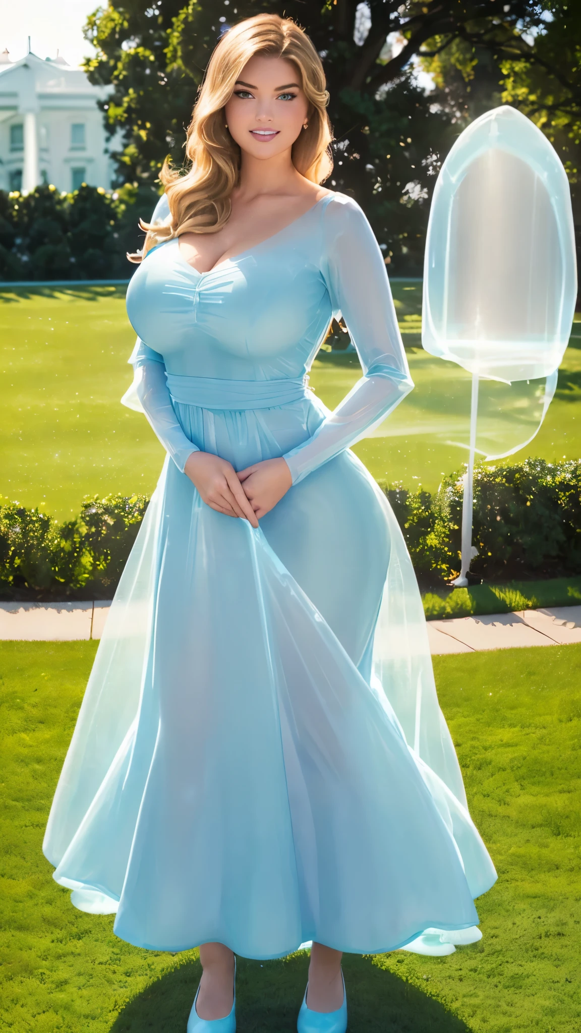 donnatroy, DisneyAurora, Beautiful woman (((Anne Hathaway:Kate Upton:0.9))) (((shoulder length wavy caramel blonde hair, hair pulled back with bangs))) defined body, voluptuous, curvy, thick, sexy, Red lipstick, hands free, mouth slightly open, smiling, standing facing camera, (((long sleeve translucent pastel blue dress, long sleeve translucent pastel blue dress, long sleeve translucent pastel blue dress))) (((on the lawn of the white house in Washington DC at noon))), (huge_breasts:1.0) (curvy:1.0 (chubby:1.0)