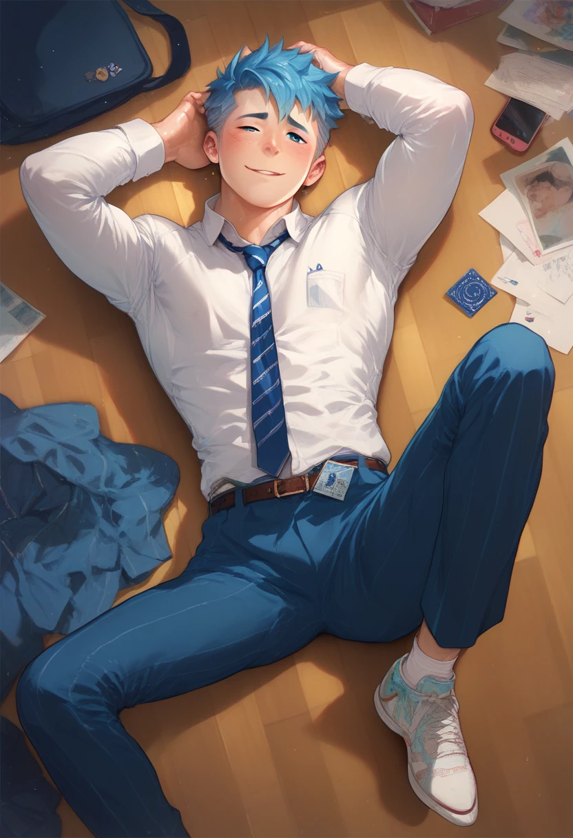 Cute twink boy in a suit lying on the floor 