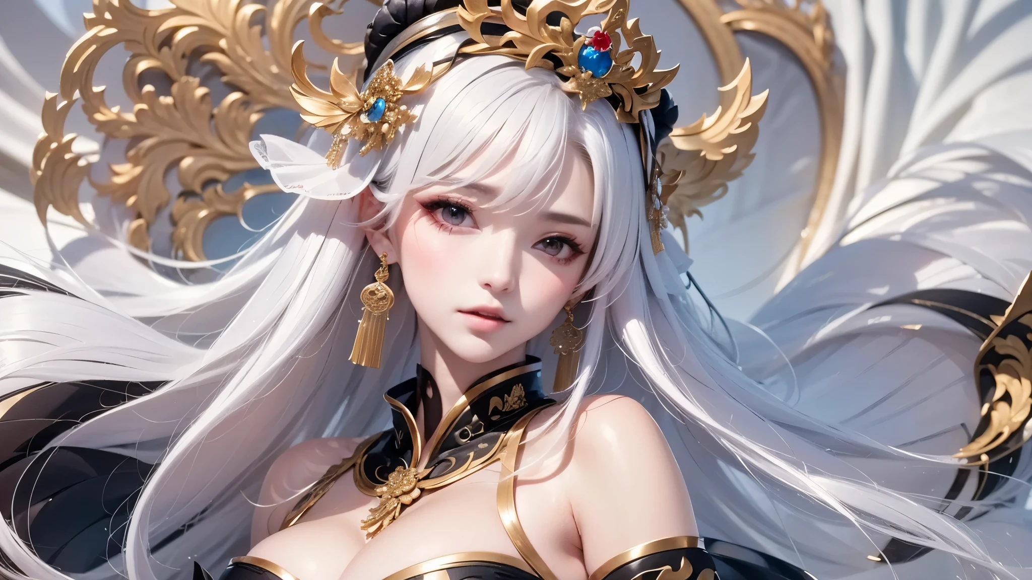 super high quality, masterpiece, Perfect illustration, Very detailed:1.6,　white barance, 1girl, 23 years old, cute girl, white hair, sharp and big beautiful eyes, medium breasts, bright skin. fantasy royalty, onmyoji, majesty, asian dress. black and gold clothes. simple background, white background, white dust. hanbok、Chinese royal clothing, profile
