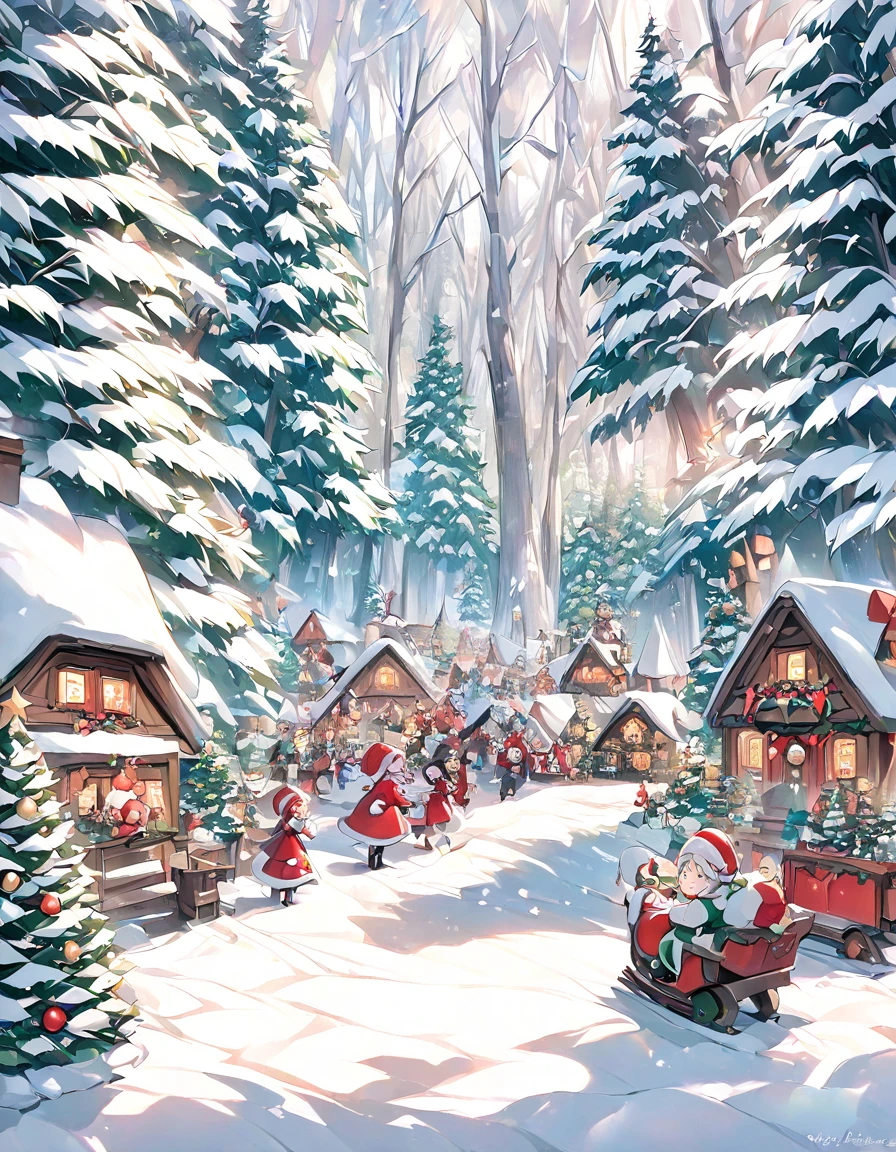 Santa village in the woods , Christmas, many girls are playing,,