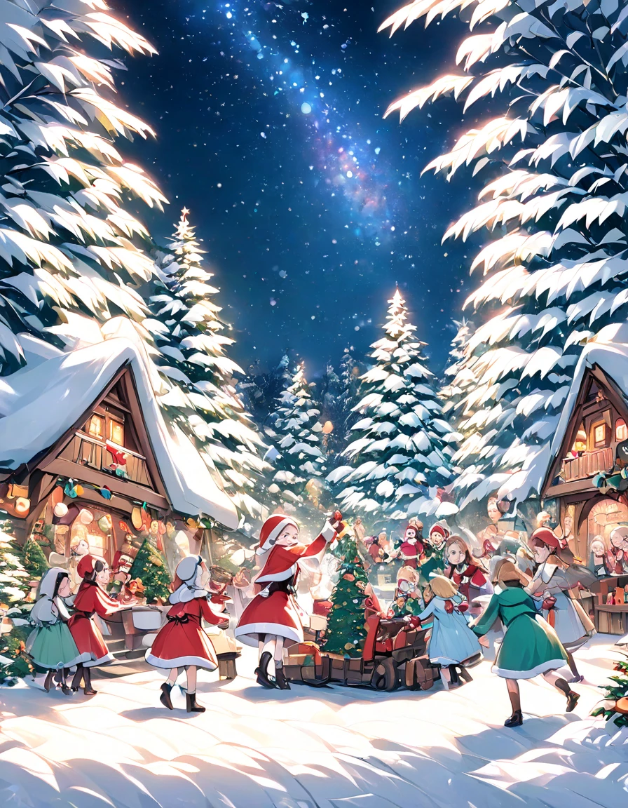 Santa village in the woods , Christmas, many girls are playing,night, starry sky 