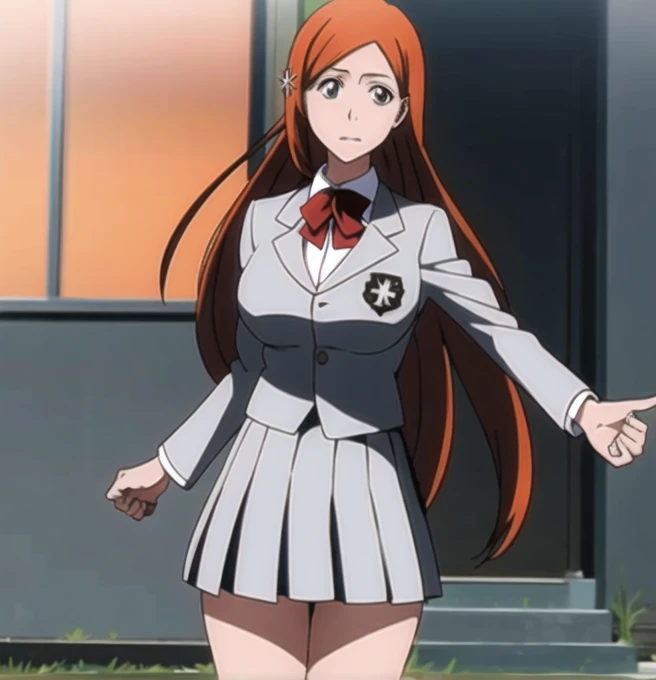 anime screencap, 8k, hd, 4k,2k,inoue orihime, orange hair, long hair, gray eyes, gigantic breasts,school uniform,hair ornament,grey jacket, white shirt,pleated grey skirt,kneehighs,hair ornament,loafers, cowboy shot, looking to the side, looking at viewer,outdoors,bleach style,vslinx_orihime_inoue 